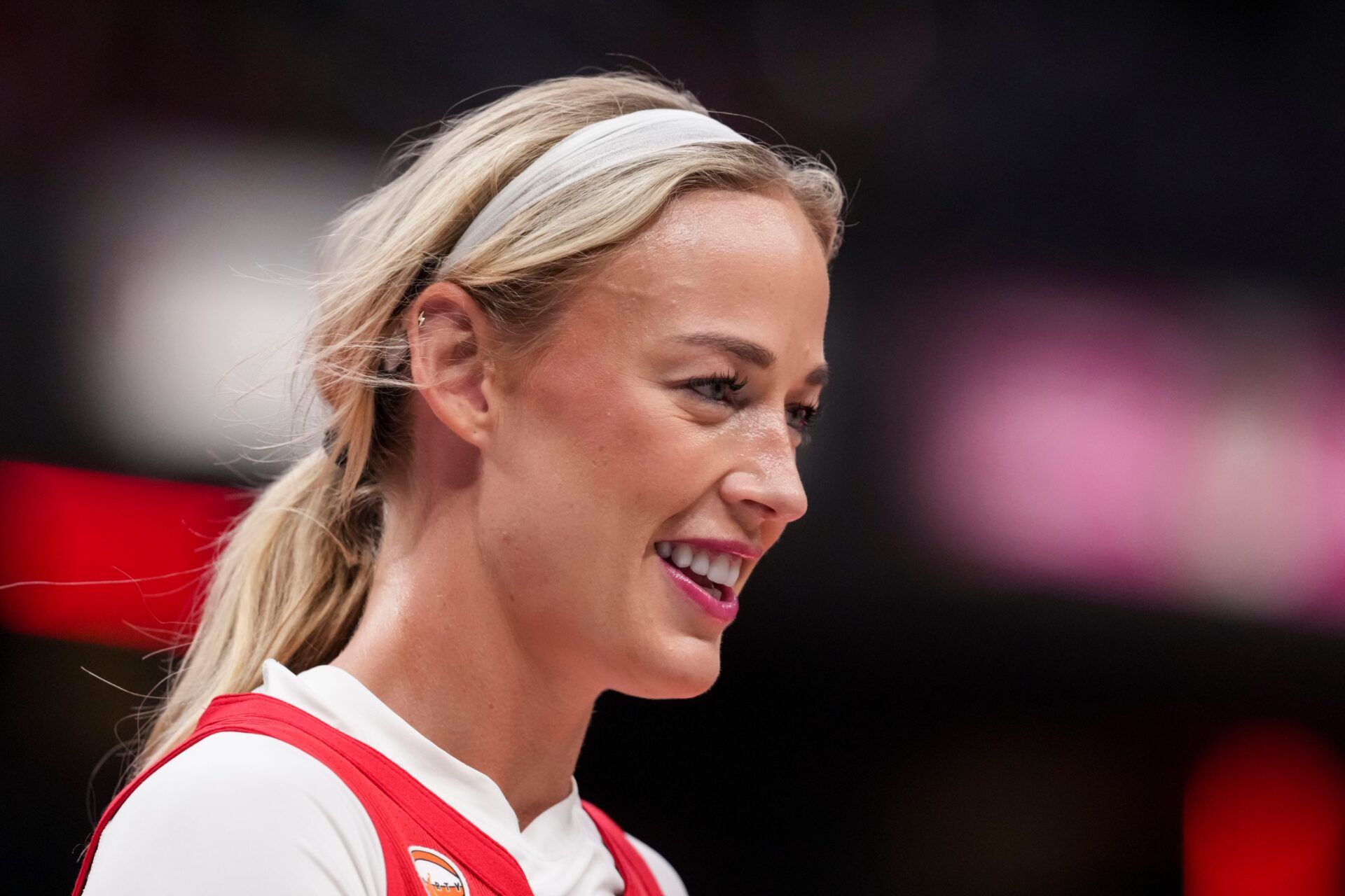 Indiana Fever guard Sophie Cunningham (8) smiles Friday, Aug. 14, 2026, during the first half of a game at Gainbridge Fieldhouse in Indianapolis.