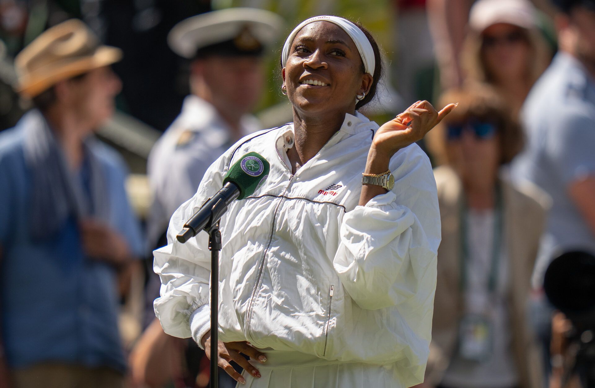 Coco Gauff of the United States at her on court interview after winning her match against Jessica Pegula of the United States on day nine at All England Lawn Tennis and Croquet Club.