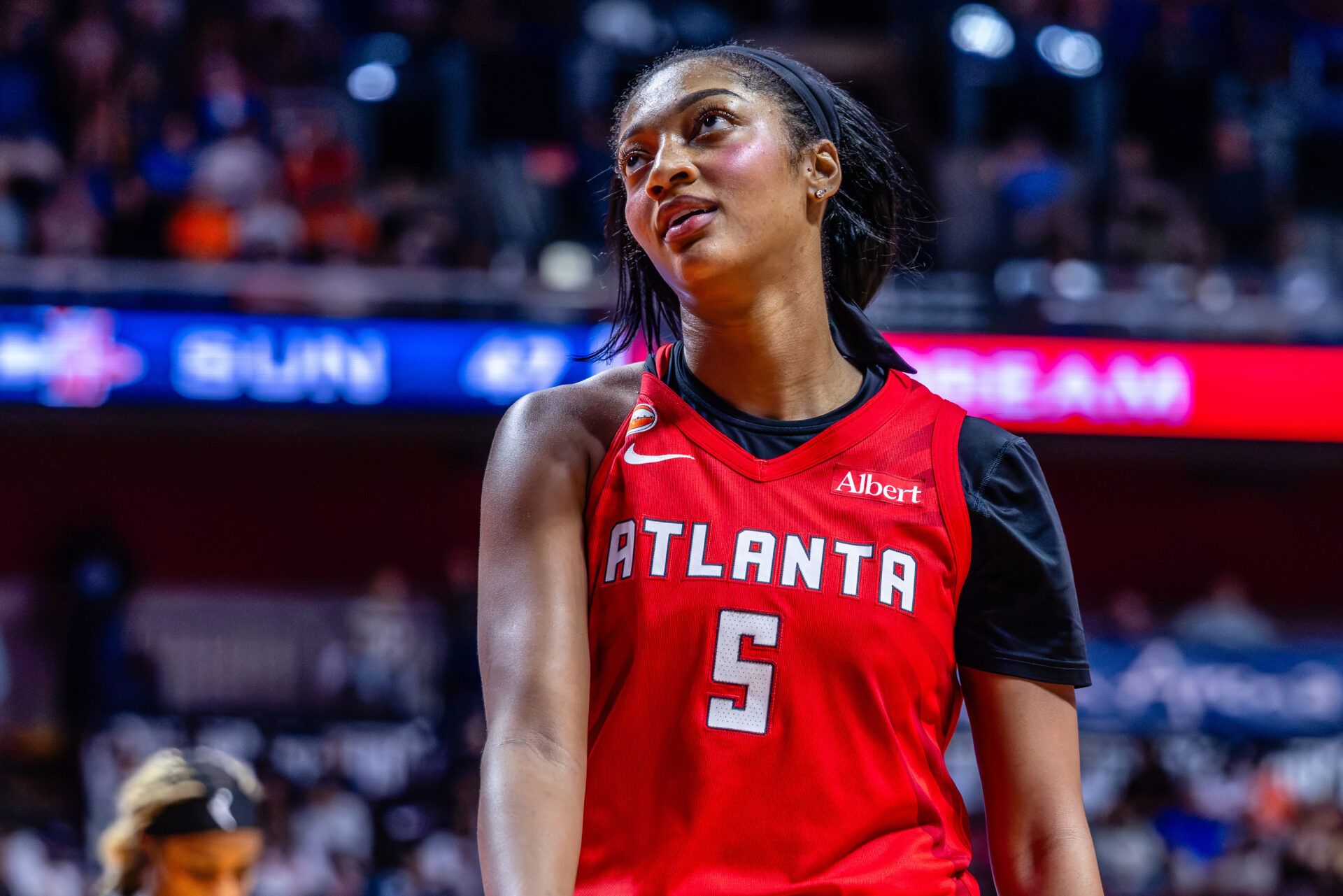 Atlanta Dream Forward Angel Reese (5) reacts after getting fouled in the third quarter against the Connecticut Sun at Mohegan Sun Arena.