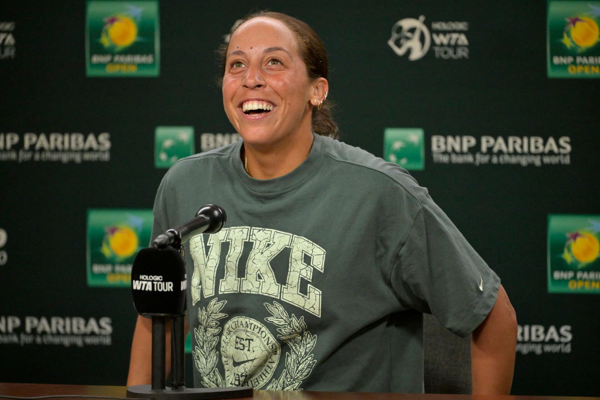 Madison Keys (USA) talks to media during a news conference during the BNP Paribas Open at the Indian Well Tennis Garden.