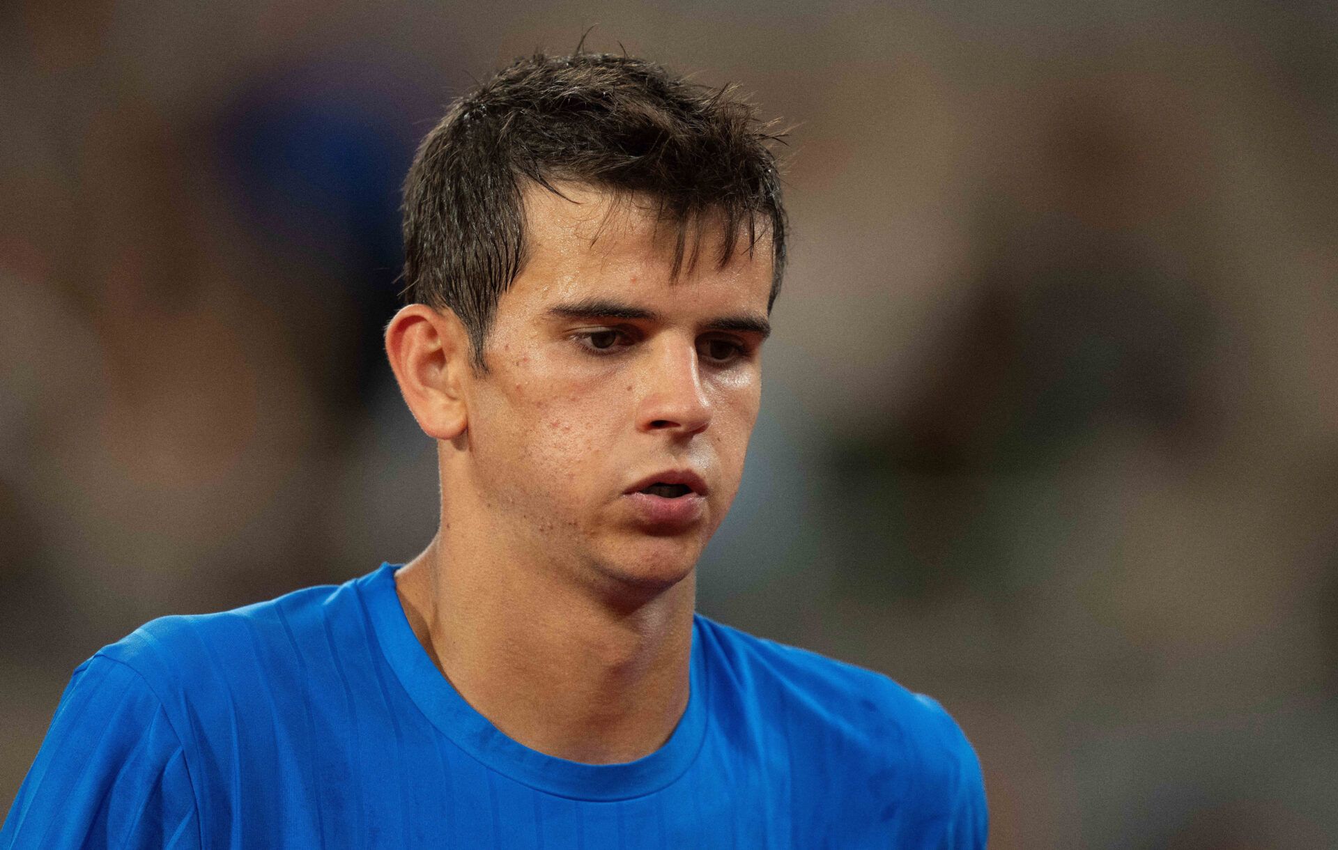 Rafael Jodar of Spain reacts during his match against Alexander Zverev of Germany on day 10 at Stade Roland Garros.