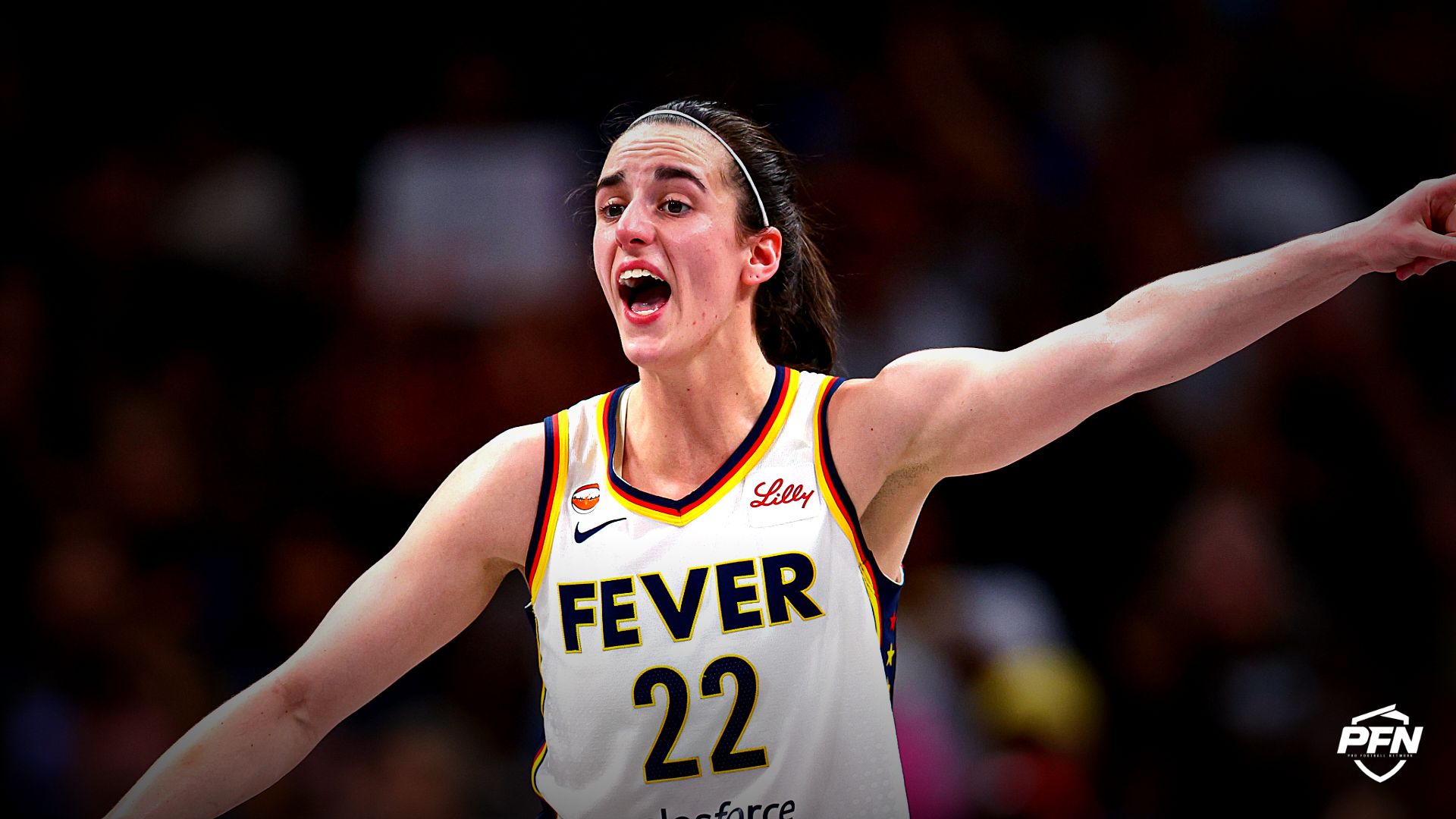 Indiana Fever guard Caitlin Clark (22) reacts against the Atlanta Dream during the second quarter at State Farm Arena.