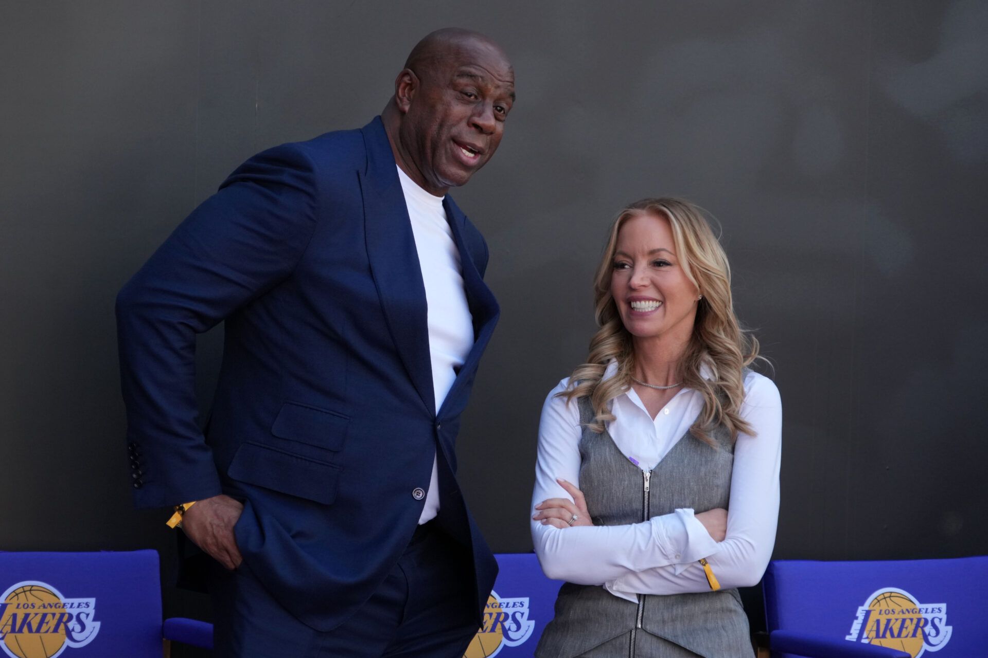 Magic Johnson (left) and Jeanie Buss at unveiling of statue of former Los Angeles Lakers coach Pat Riley at the Crypto.com Arena.
