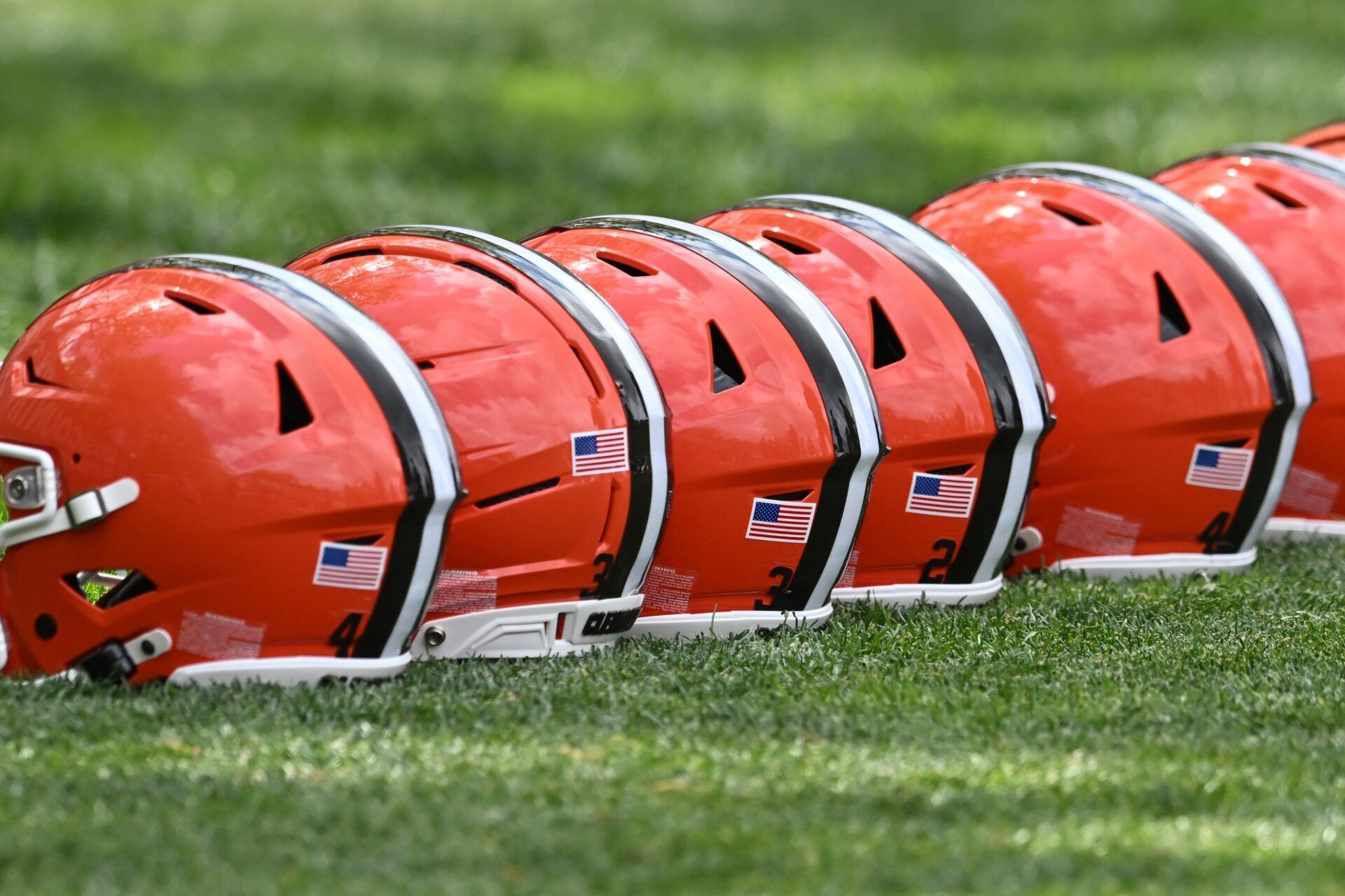 A general view of Cleveland Browns helmets during rookie minicamp at CrossCountry Mortgage Campus.