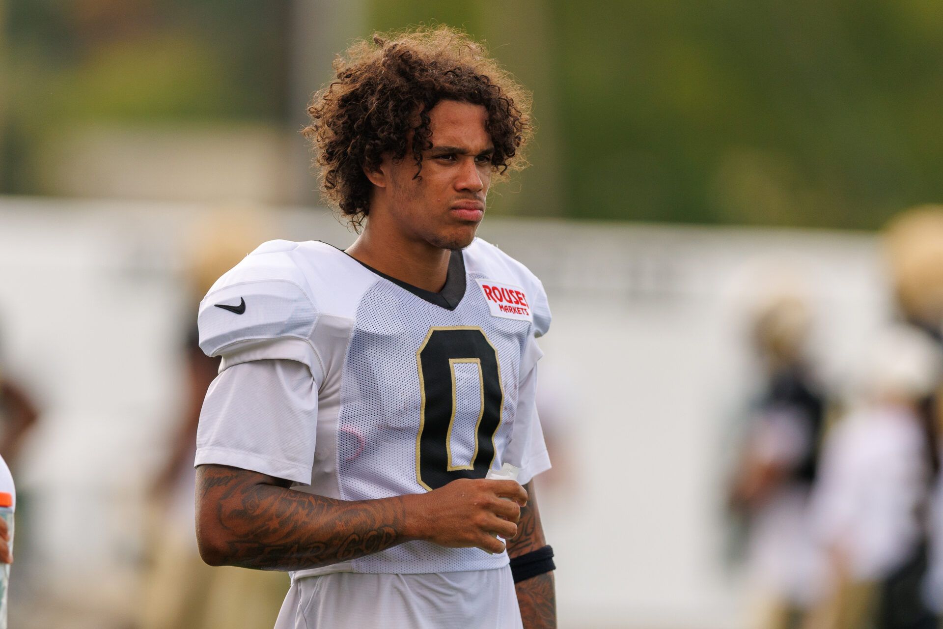New Orleans Saints wide receiver Jordyn Tyson (0) during training camp at Ochsner Sports Performance Center.