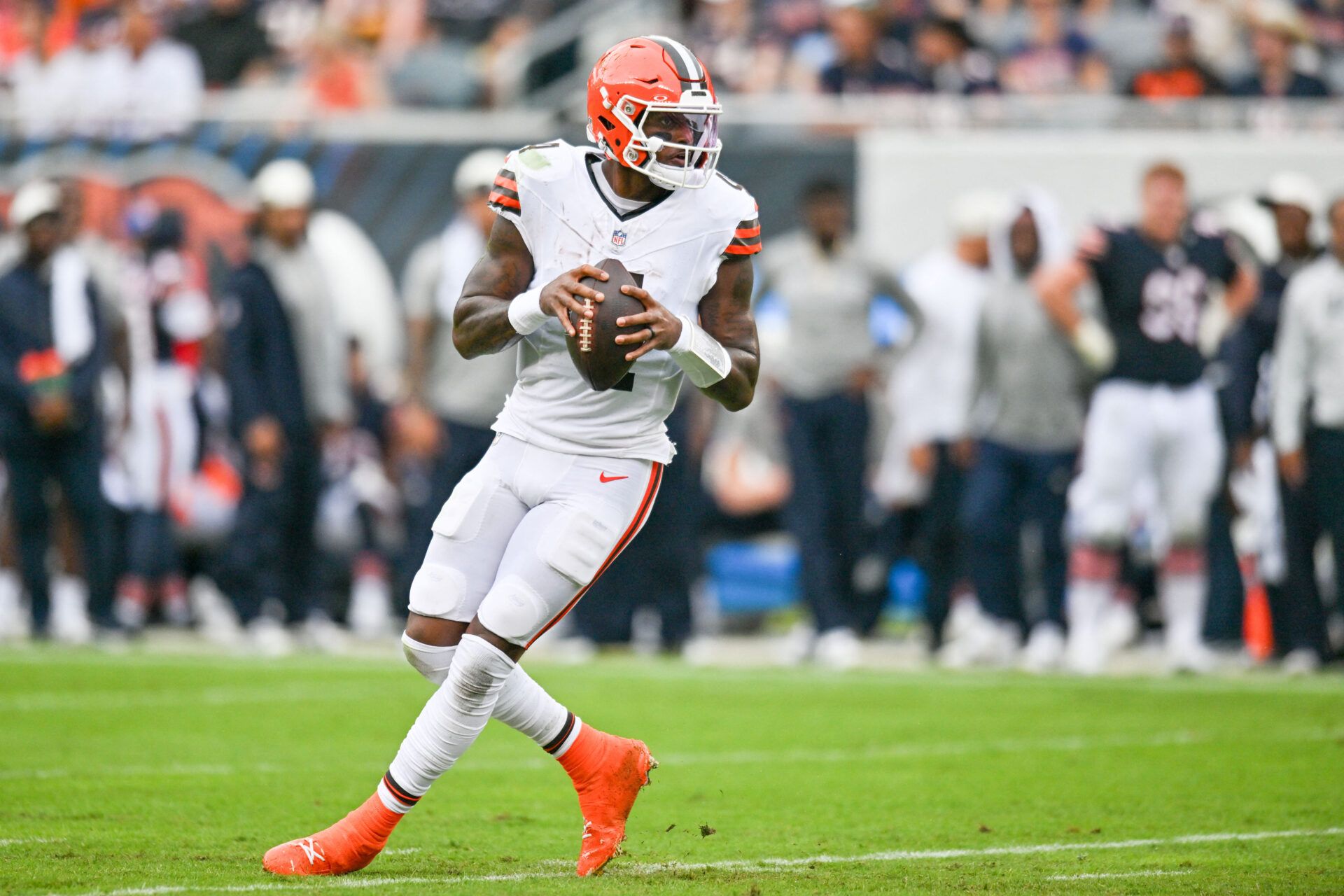 Cleveland Browns quarterback Deshaun Watson (4) looks to pass the ball against the Chicago Bears during the first half at Soldier Field.
