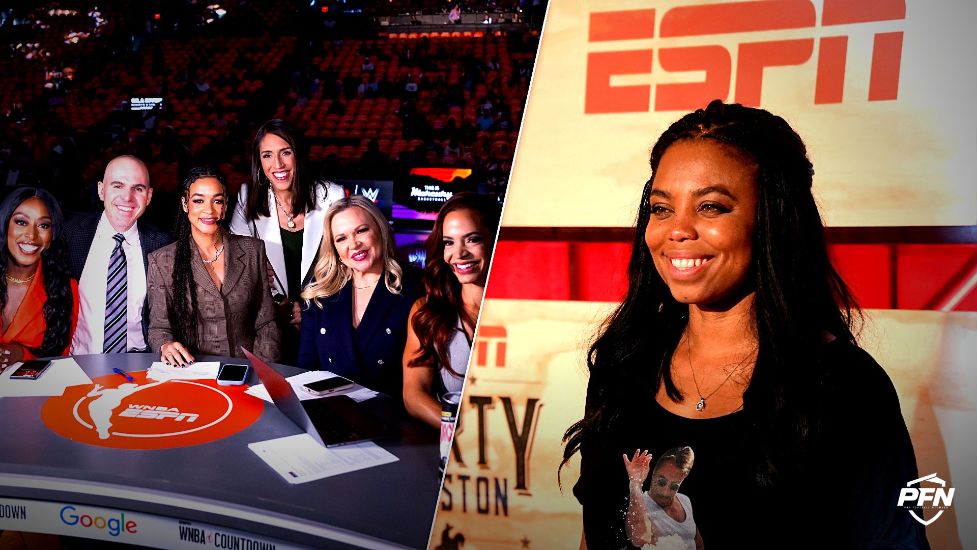 Collage featuring BASKETBALL-WNBA-PHO-LV/ and Feb 3, 2017; Houston, TX, USA; ESPN host Jemele Hill poses for a photo on the red carpet at the ESPN the Party event in the.
IMAGN IMAGES via Reuters Connect / USA TODAY Network via Reuters Connect