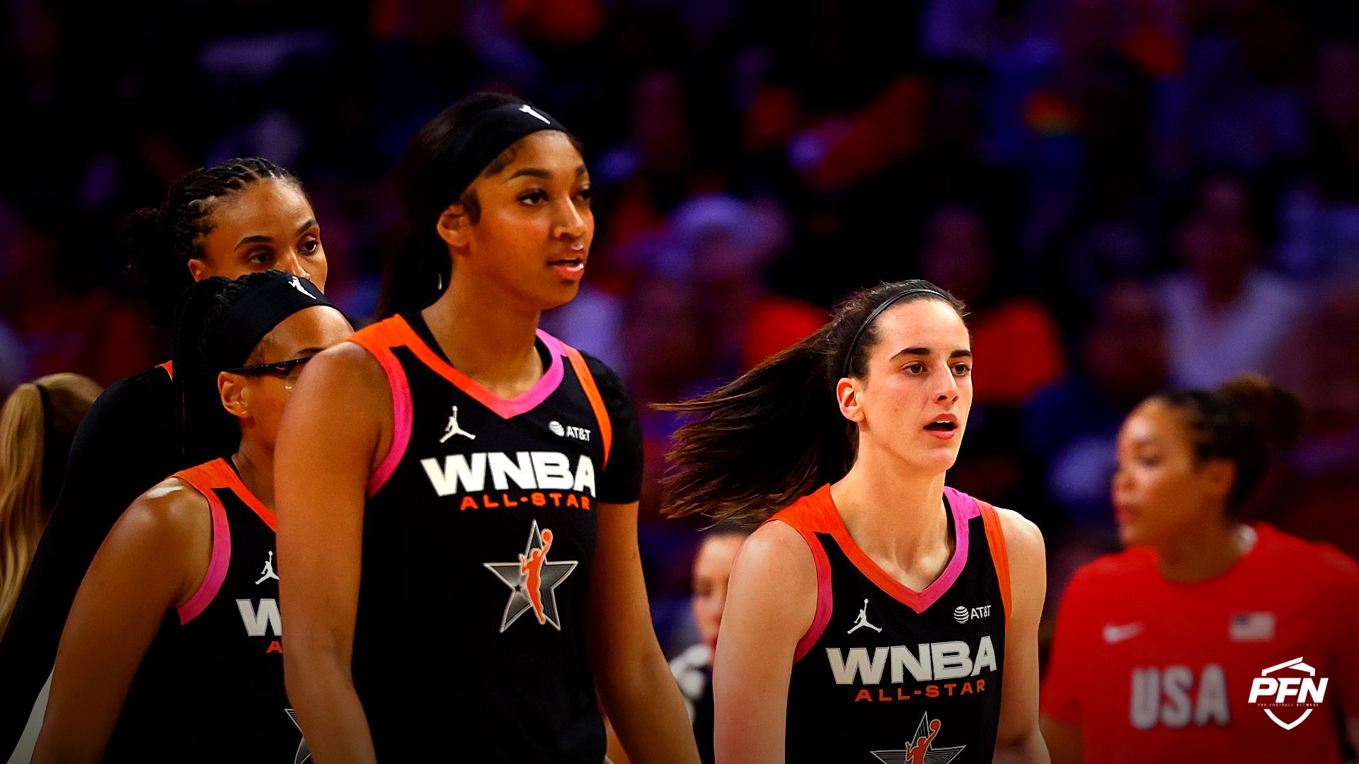Team WNBA guard Caitlin Clark (right) and Angel Reese against the USA Women's National Team during the 2024 WNBA All Star Game at Footprint Center.