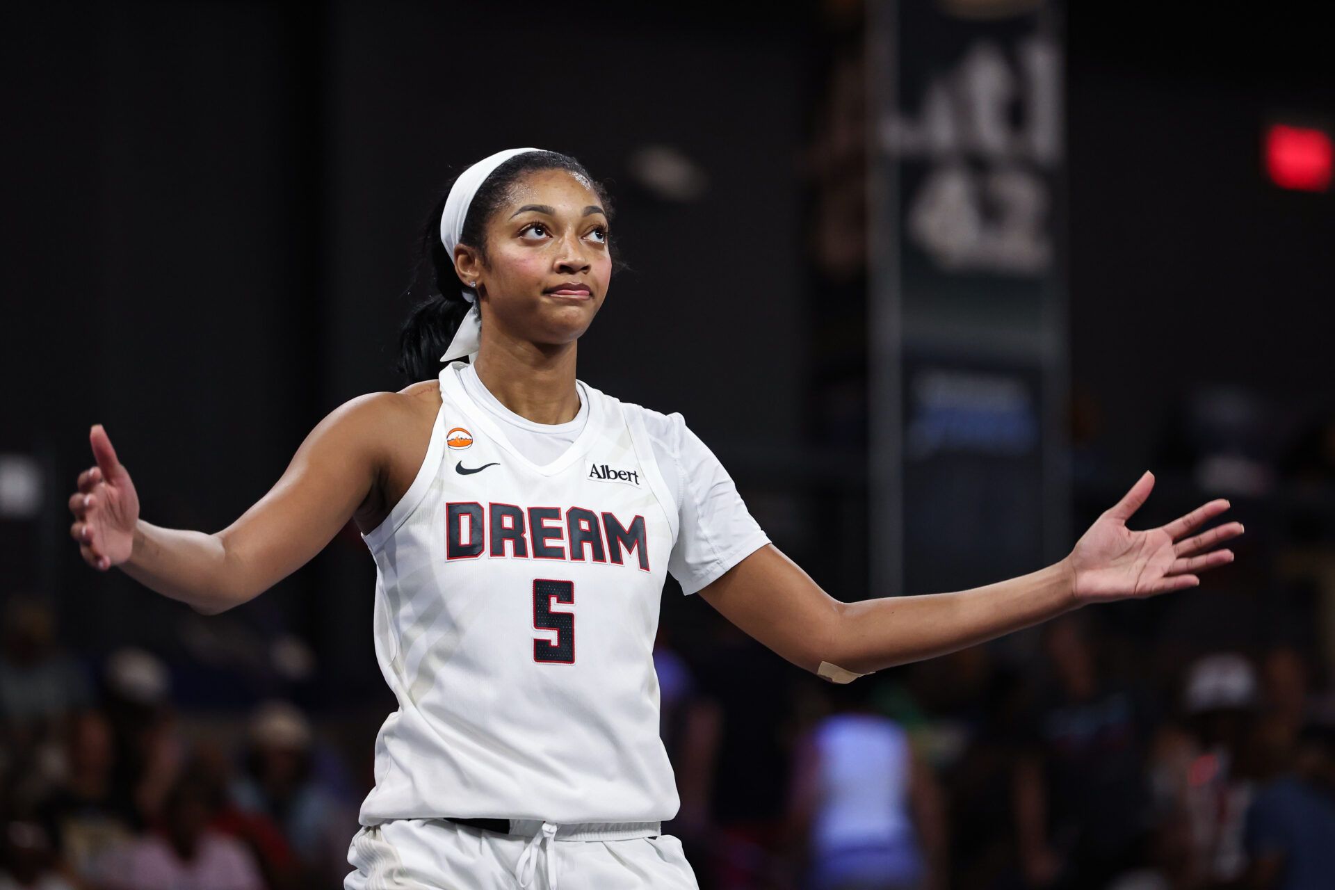 Atlanta Dream forward Angel Reese (5) reacts against the Toronto Tempo in the fourth quarter at Gateway Center Arena at College Park.