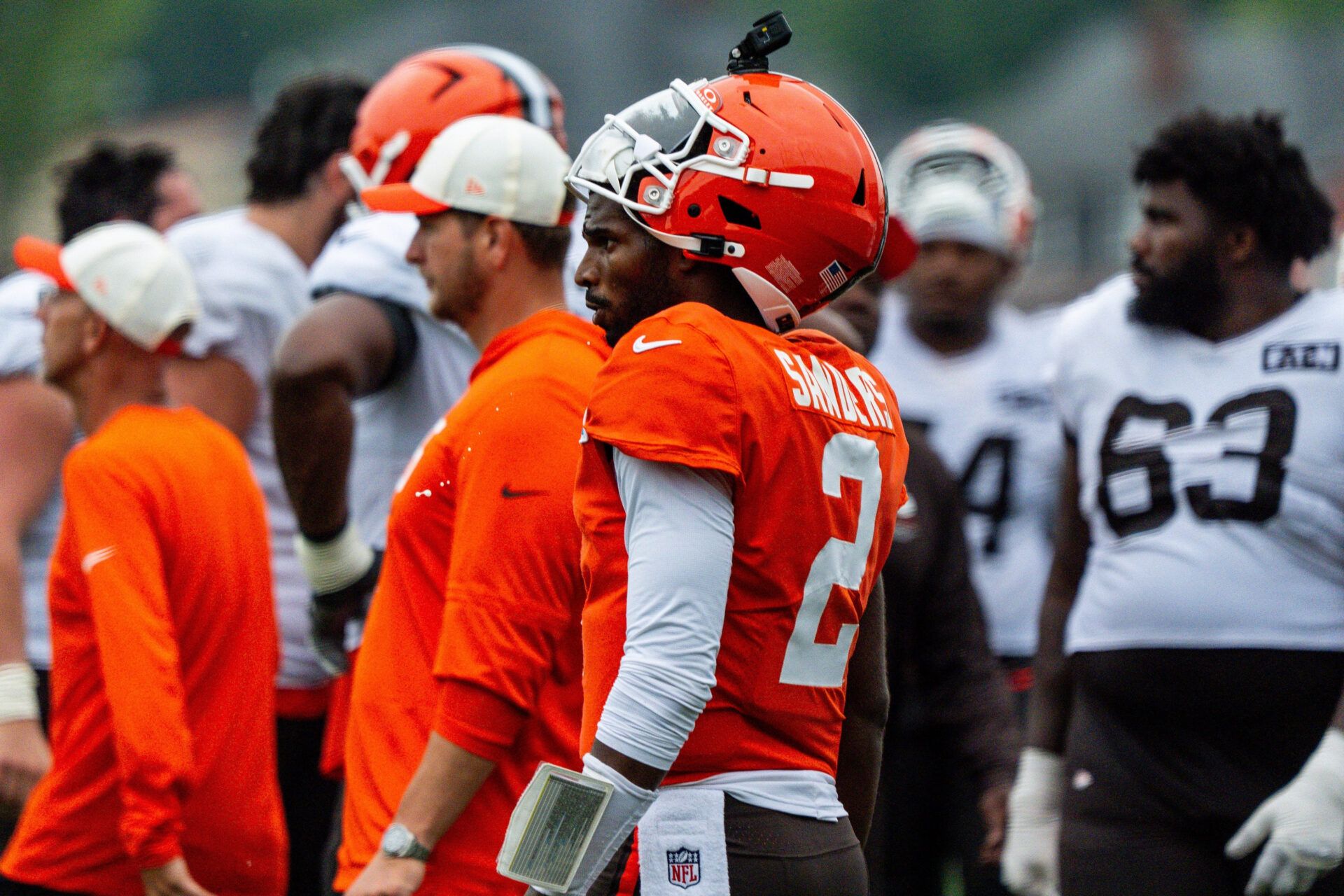 Cleveland Browns quarterback Shedeur Sanders takes in the few remaining minutes of day 12 of training camp on Aug. 11, 2026, in Berea, Ohio.