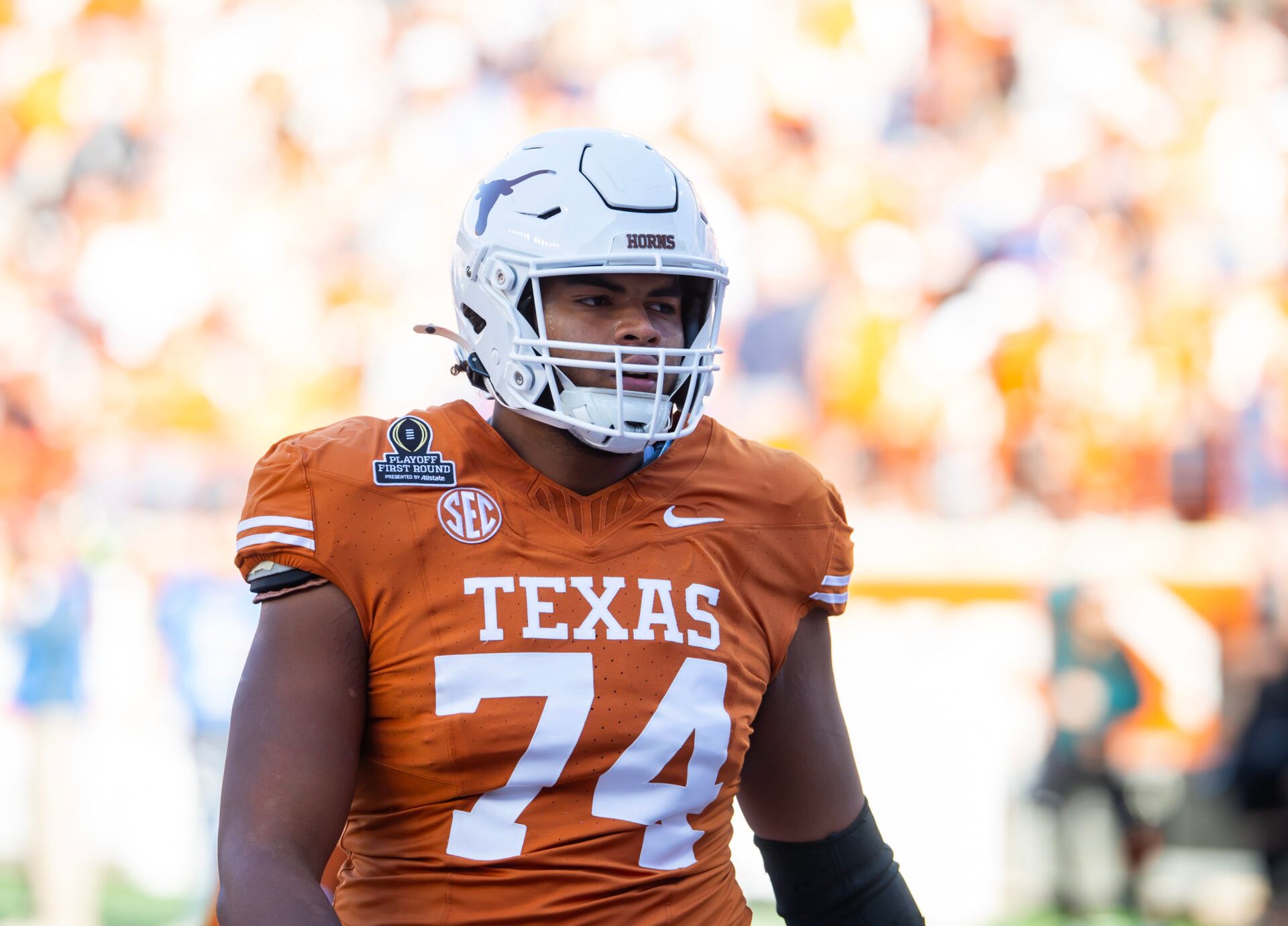 Texas Longhorns offensive lineman Trevor Goosby (74) against the Clemson Tigers during the CFP National playoff first round at Darrell K Royal-Texas Memorial Stadium.