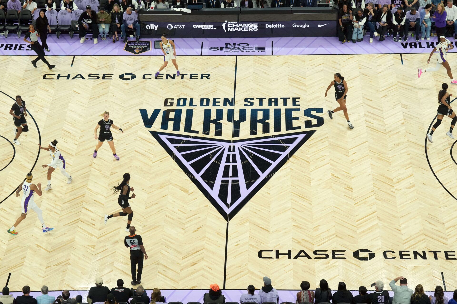A view of the Golden State Valkyries logo at center court during the fourth quarter against the Los Angeles Sparks at Chase Center.
