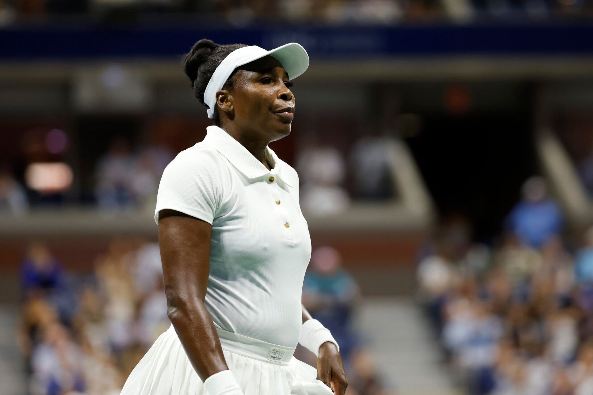 Venus Williams (USA) looks on against Karolina Muchova (CZE)(not pictured) on day two of the 2025 U.S. Open tennis tournament at the USTA Billie Jean King National Tennis Center.