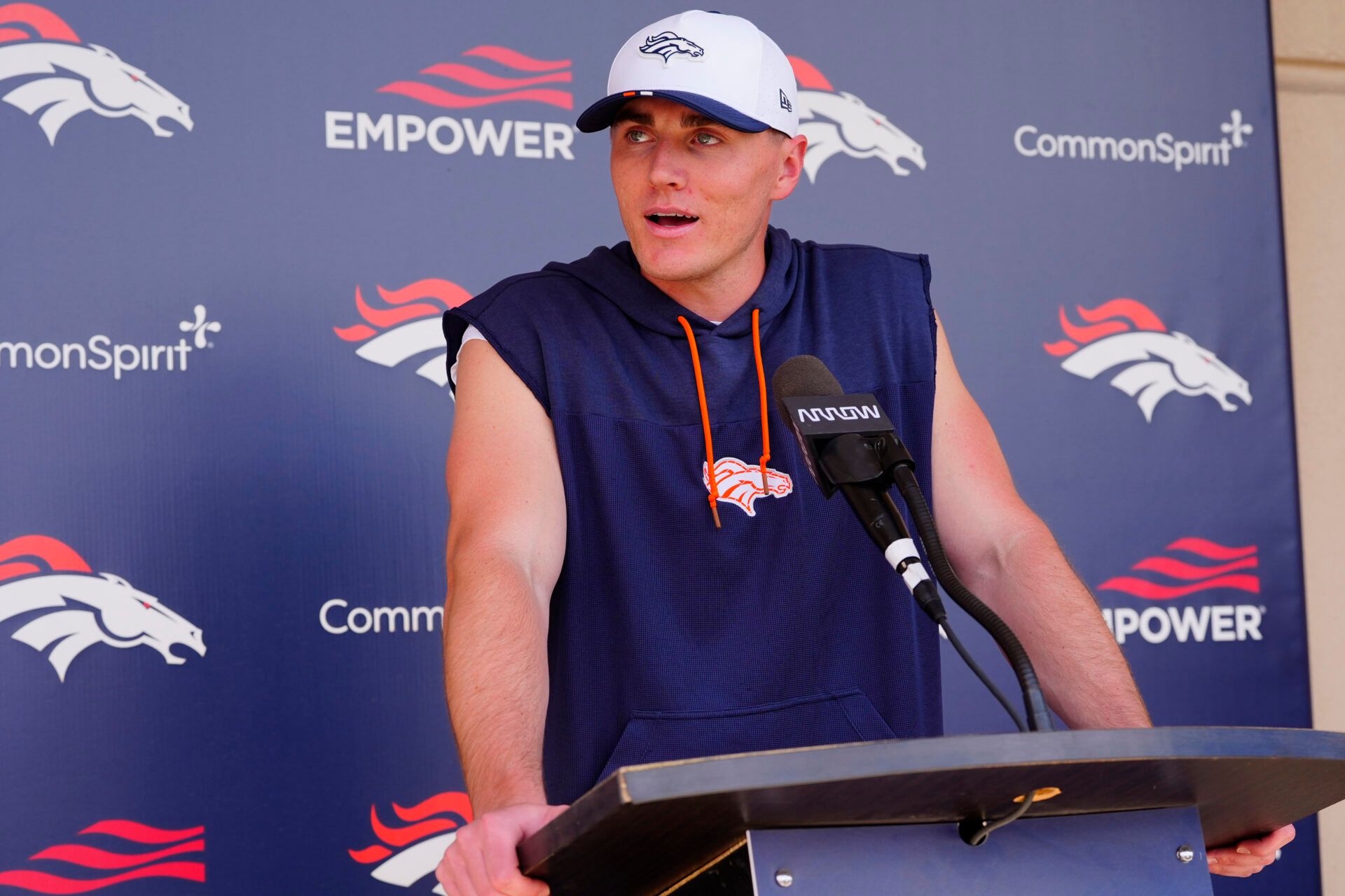 Denver Broncos quarterback Bo Nix (10) speaks to the media following mini camp drills at Broncos Park.