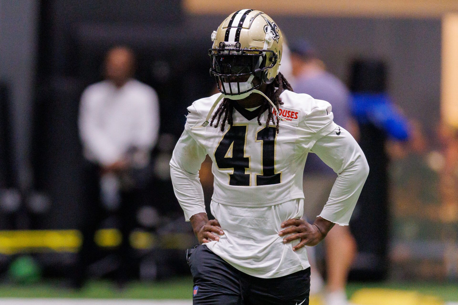 New Orleans Saints running back Alvin Kamara (41) looks on during training camp at Ochsner Sports Performance Center.