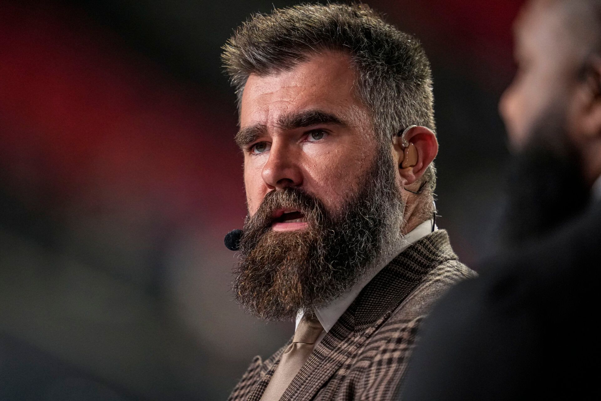 ESPN MNF broadcaster Jason Kelce shown on set prior to the game between the Los Angeles Rams against the Atlanta Falcons at Mercedes-Benz Stadium.
