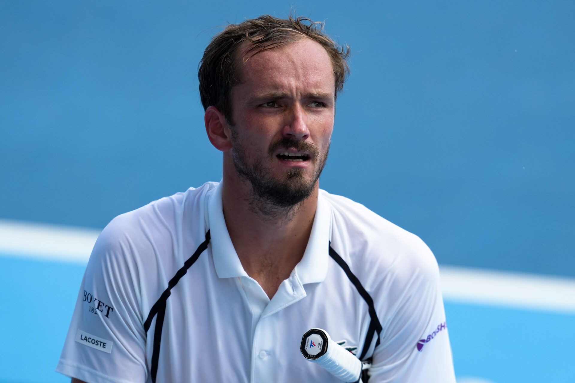 Daniil Medvedev reacts after returning a shot against Brandon Nakashima (USA) during the Cincinnati Open at Lindner Family Tennis Center.