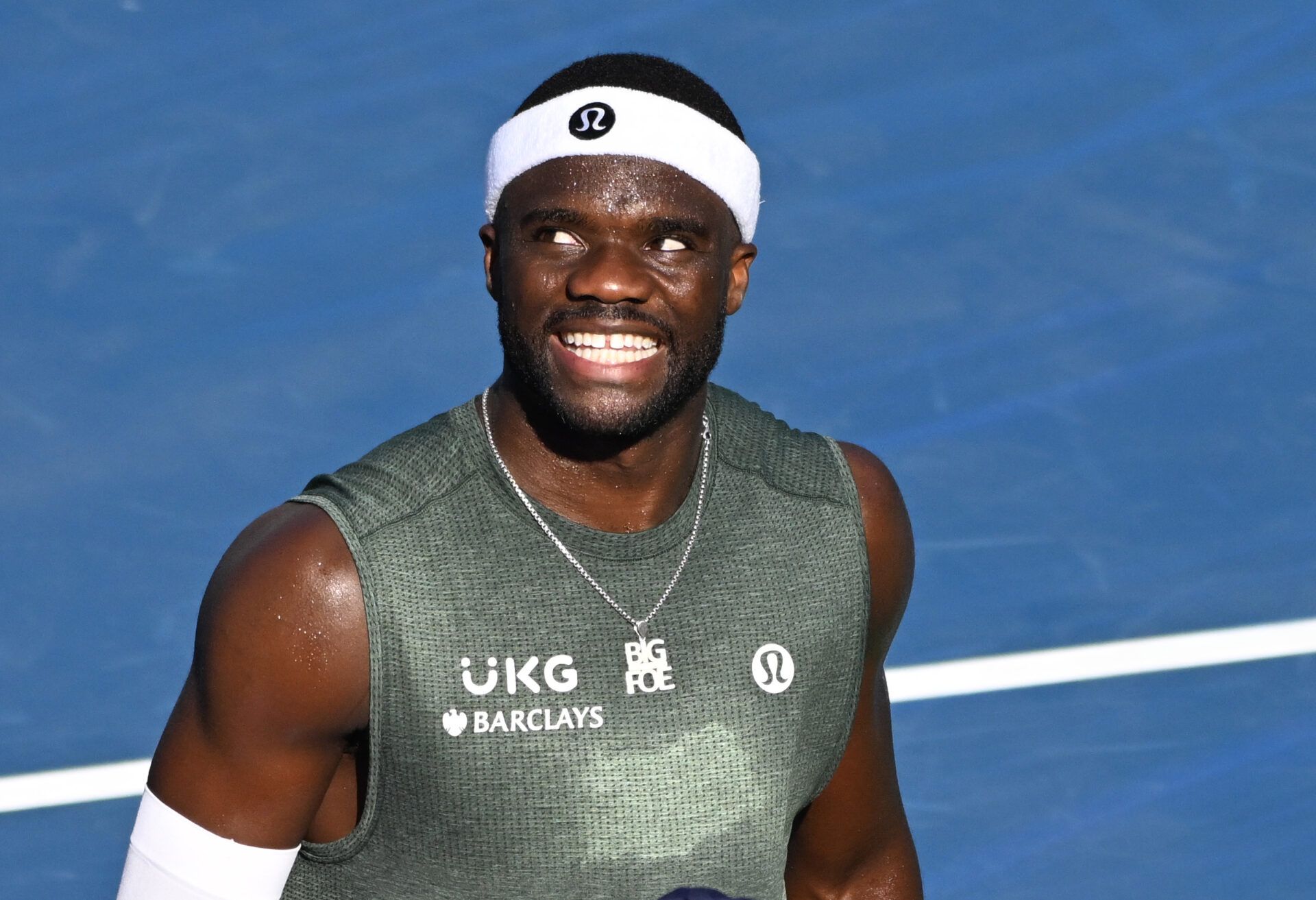 Frances Tiafoe (USA) celebrates after defeating Aleksandar Vukic (AUS) during third round play at Sobeys Stadium.