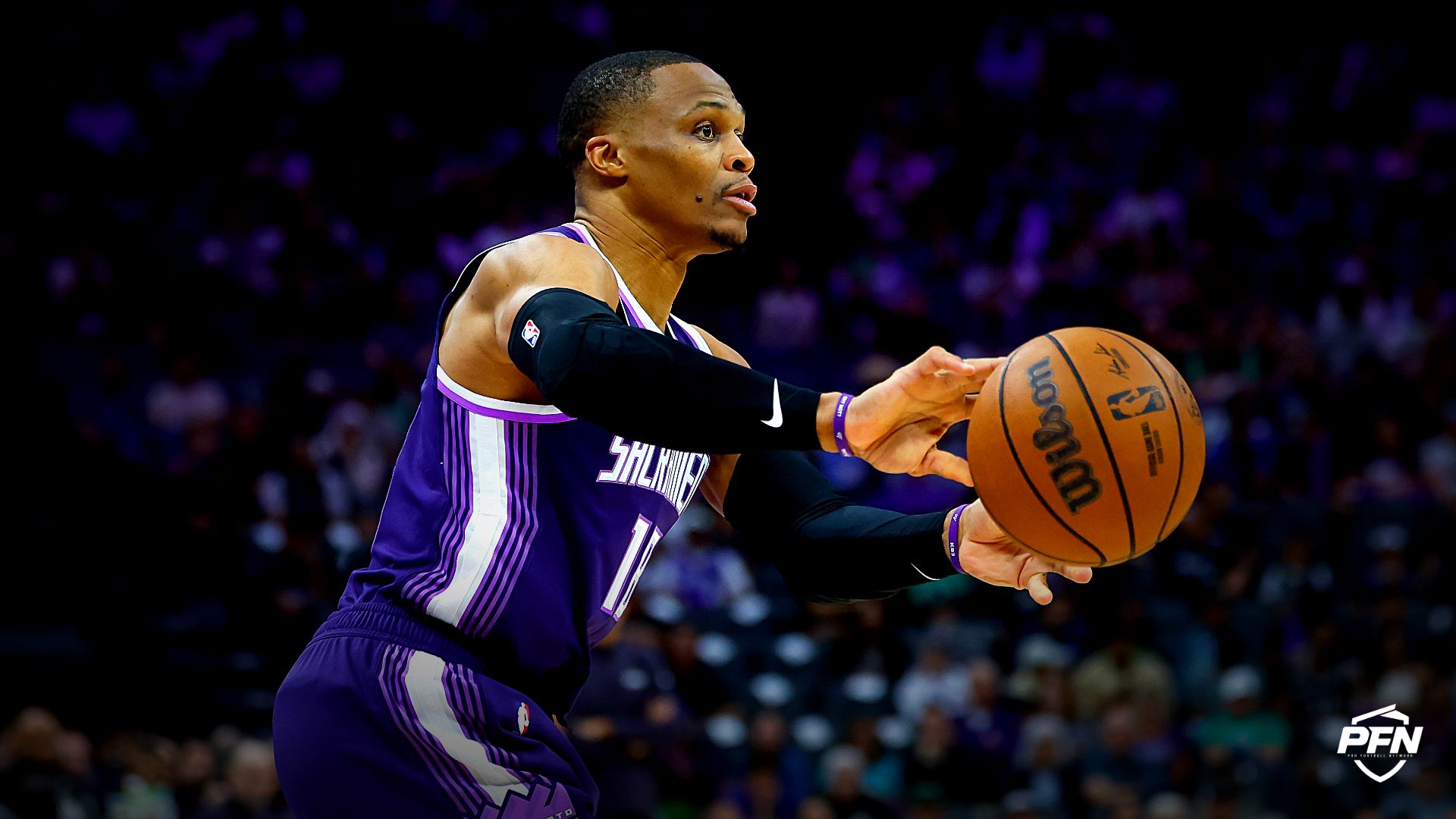 Sacramento Kings guard Russell Westbrook (18) passes the ball during the third quarter against the San Antonio Spurs at Golden 1 Center.