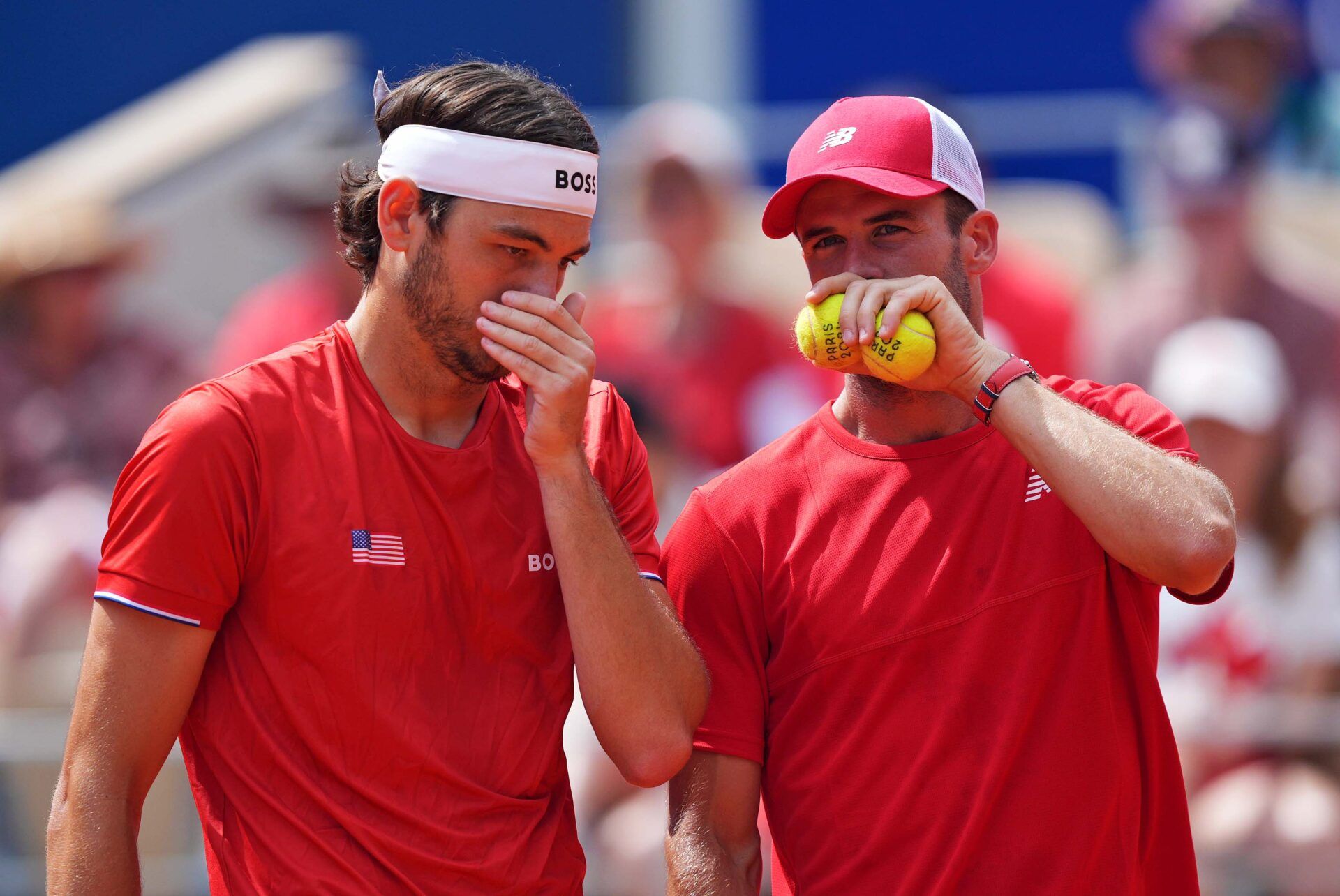 Taylor Fritz (USA) and Tommy Paul (USA) play against Tomas Machac (CZE) and Adam Pavlasek (CZE) in the men’s doubles bronze medal match during the Paris 2024 Olympic Summer Games at Stade Roland Garros.