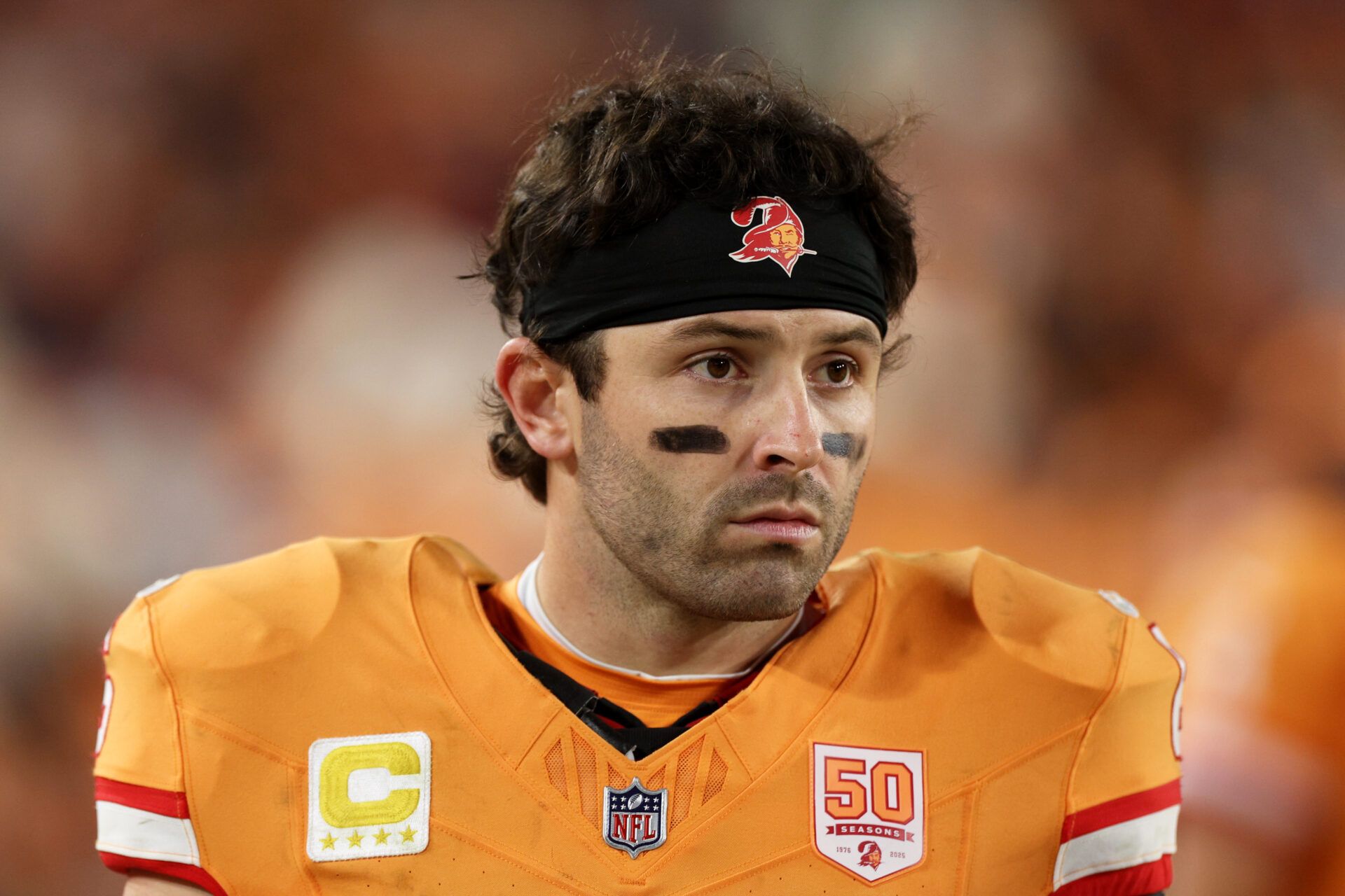 Tampa Bay Buccaneers quarterback Baker Mayfield (6) looks on against the Atlanta Falcons during the fourth quarter at Raymond James Stadium.