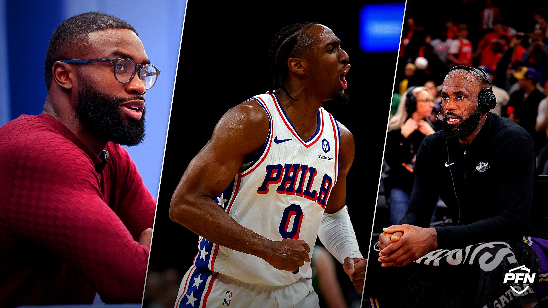 Jaylen Brown, Tyrese Maxey and LeBron James