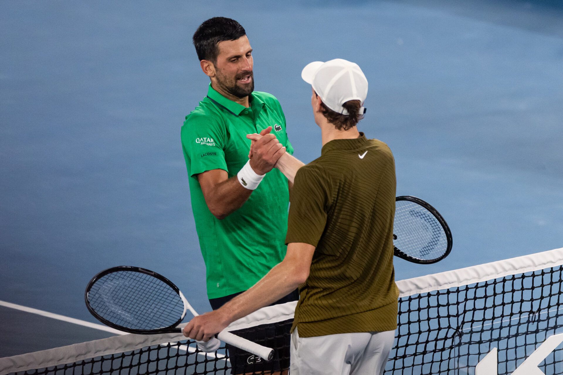Novak Djokovic of Serbia celebrates his victory over Jannik Sinner of Italy in the semifinals of the mens singles at the Australian Open at Rod Laver Arena in Melbourne Park.