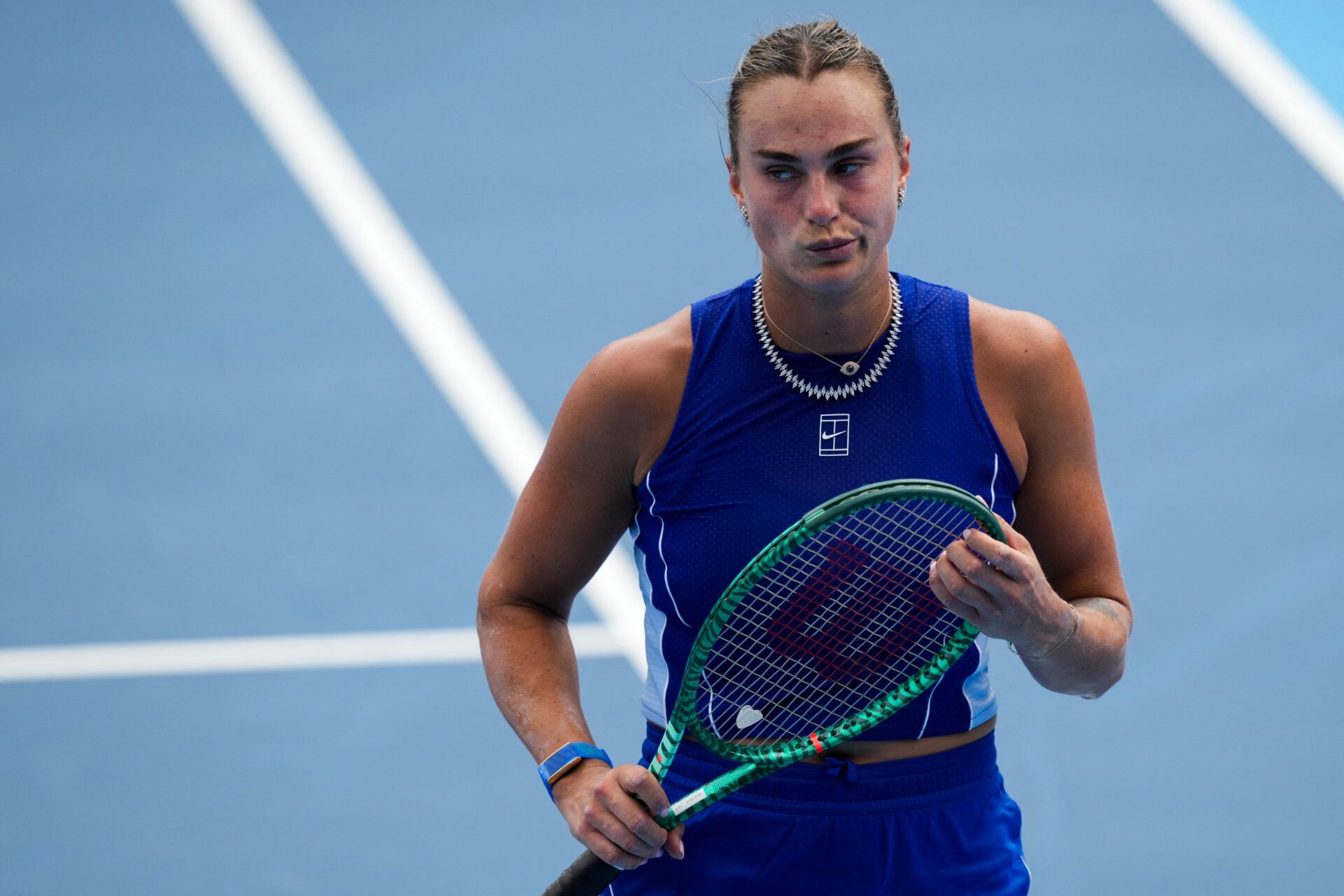 Aryna Sabalenka reacts after returning a shot against Talia Gibson (AUS) during the Cincinnati Open at Lindner Family Tennis Center.