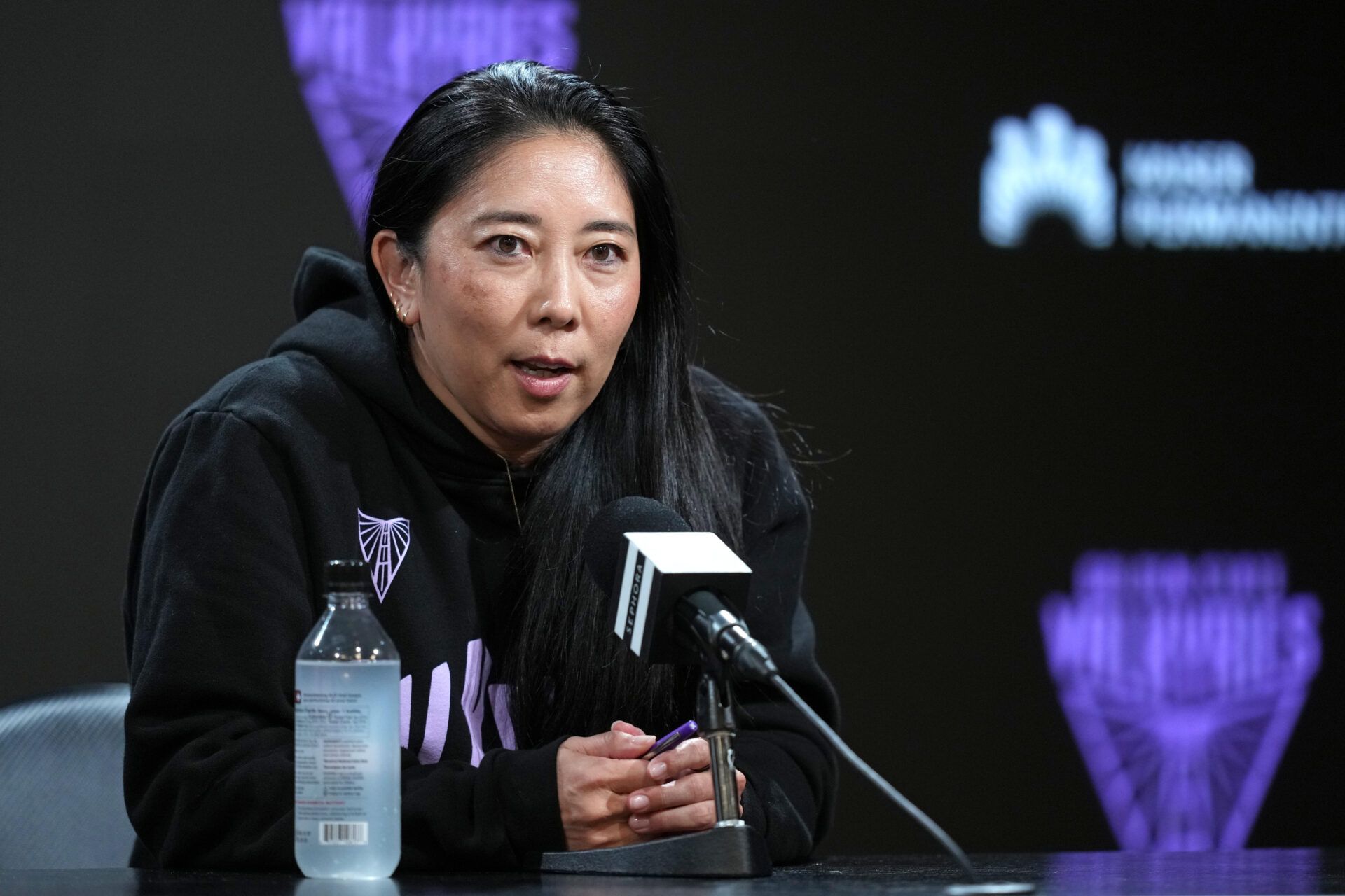 Golden State Valkyries head coach Natalie Nakase talks to media members before the game against the Washington Mystics at Chase Center.