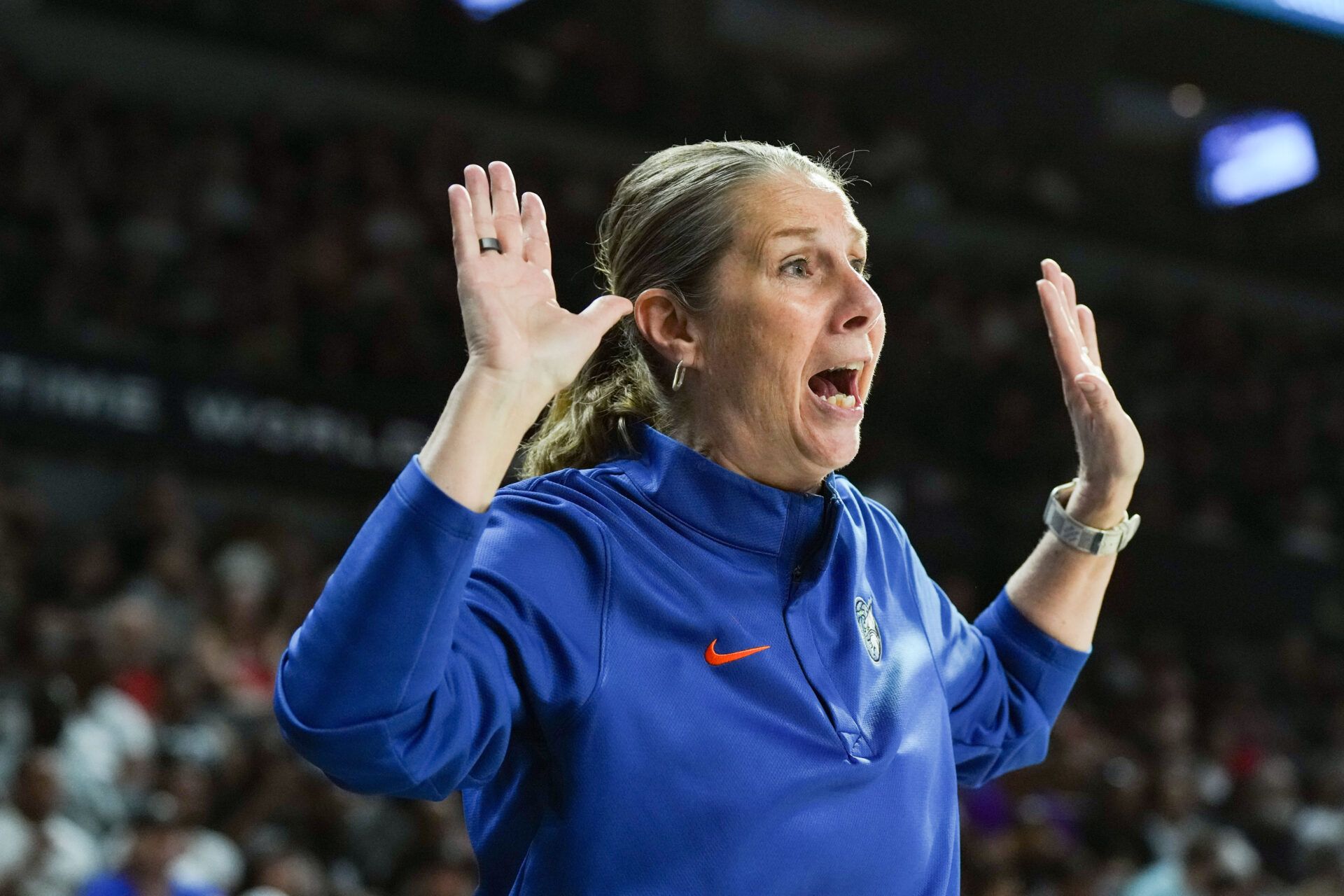 Minnesota Lynx head coach Cheryl Reeve reacts to a play against the Las Vegas Aces in the third quarter at Michelob Ultra Arena.