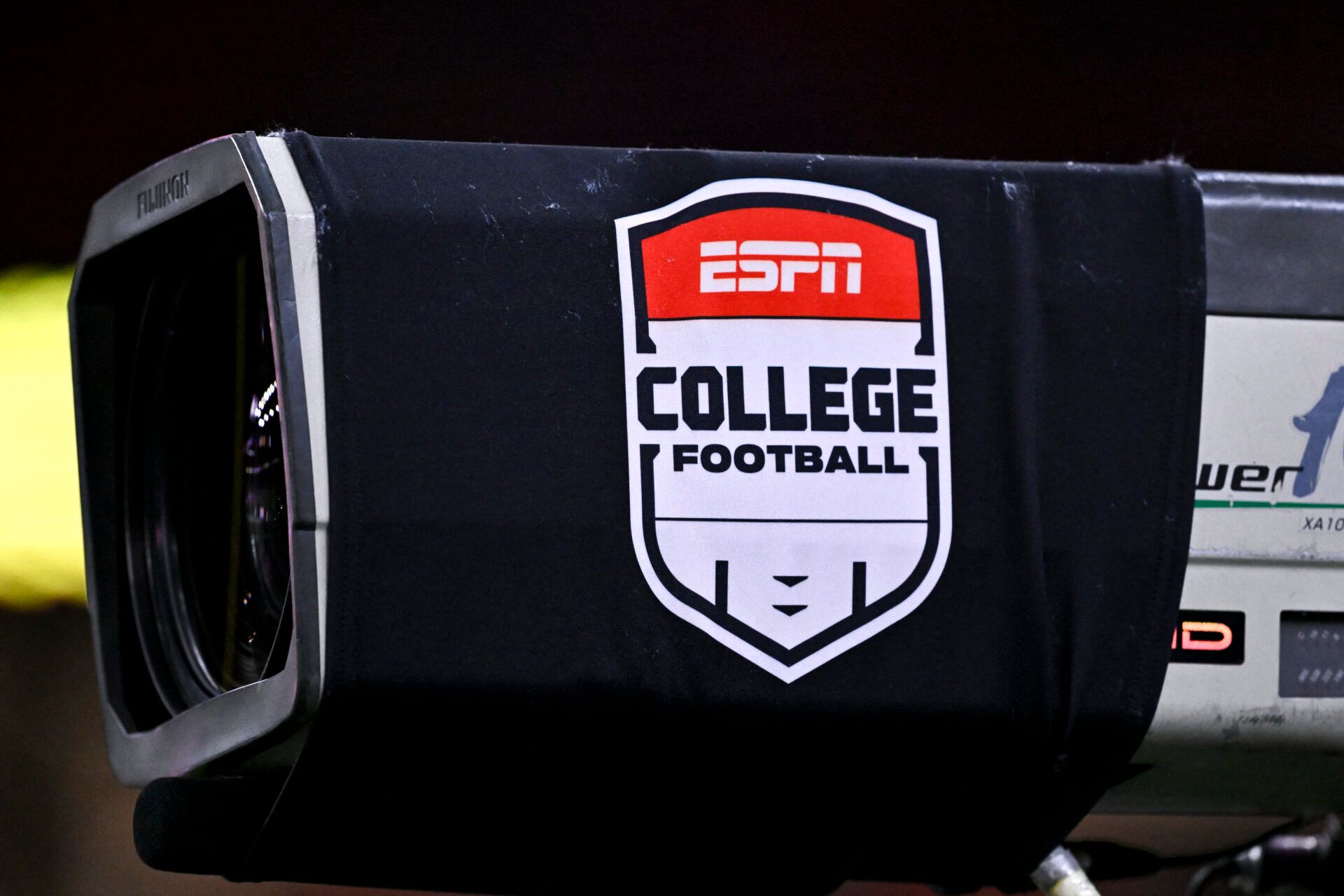 A detail view of ESPN College Football logo on a TV camera prior to the game between the Houston Cougars and the Louisiana State Tigers at NRG Stadium.
