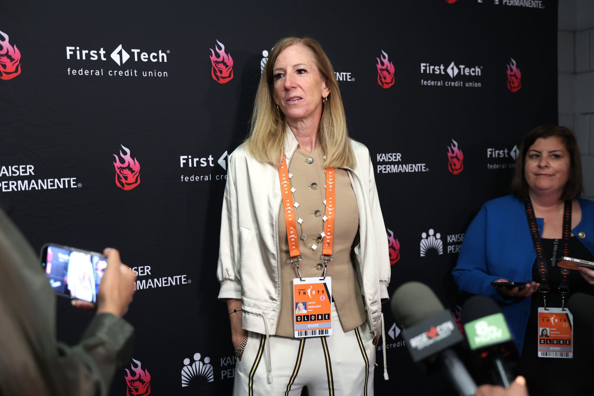 WNBA Commissioner Cathy Engelbert meets with the working media before Portland Fire against the Las Vegas Aces at Moda Center.