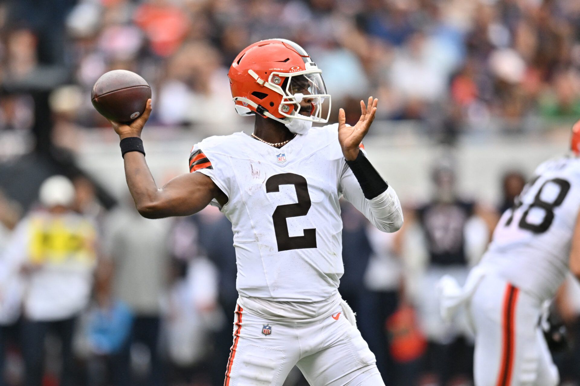 Cleveland Browns quarterback Shedeur Sanders (2) passes the ball againnst the Chicago Bears during the second half at Soldier Field.