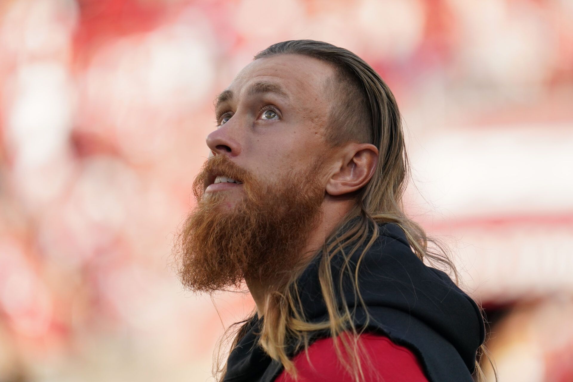 San Francisco 49ers tight end George Kittle (85) watches from the sideline before the game against the Tennessee Titans at Levi's Stadium.
