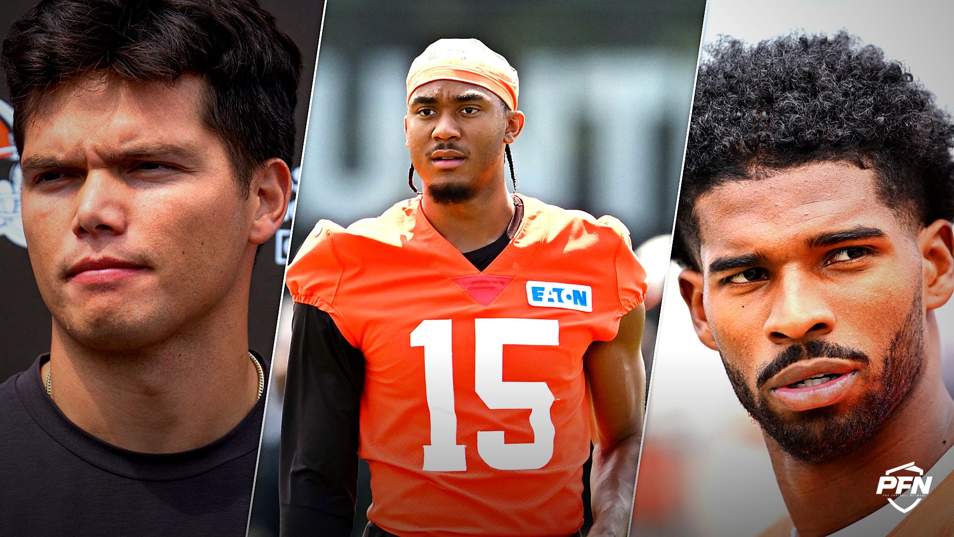 Cleveland Browns quarterbacks Dillon Gabriel, Taylen Green and Shedeur Sanders.