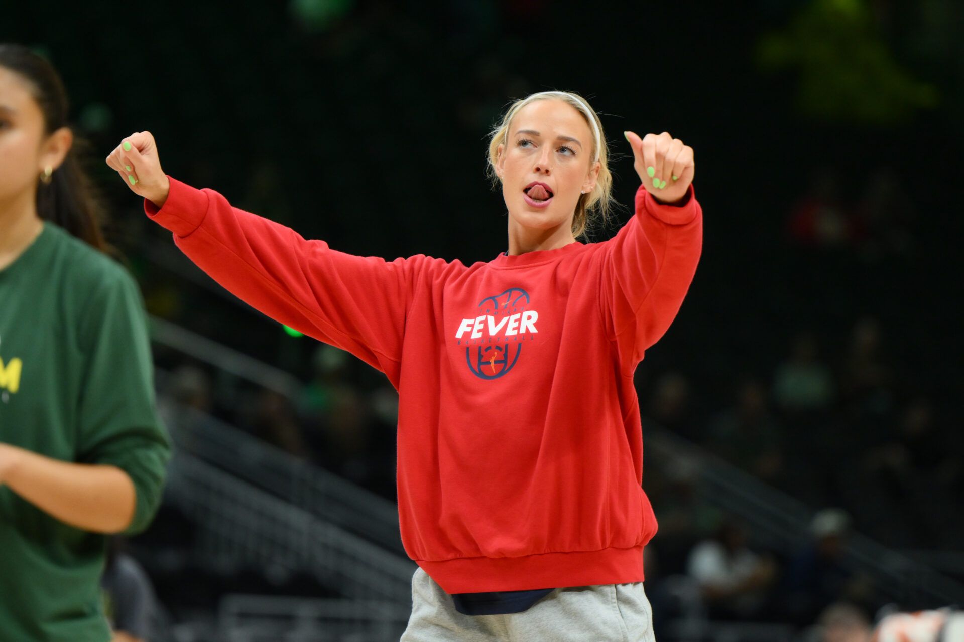 Indiana Fever guard Sophie Cunningham (8) during warmups before the game against the Seattle Storm at Climate Pledge Arena.