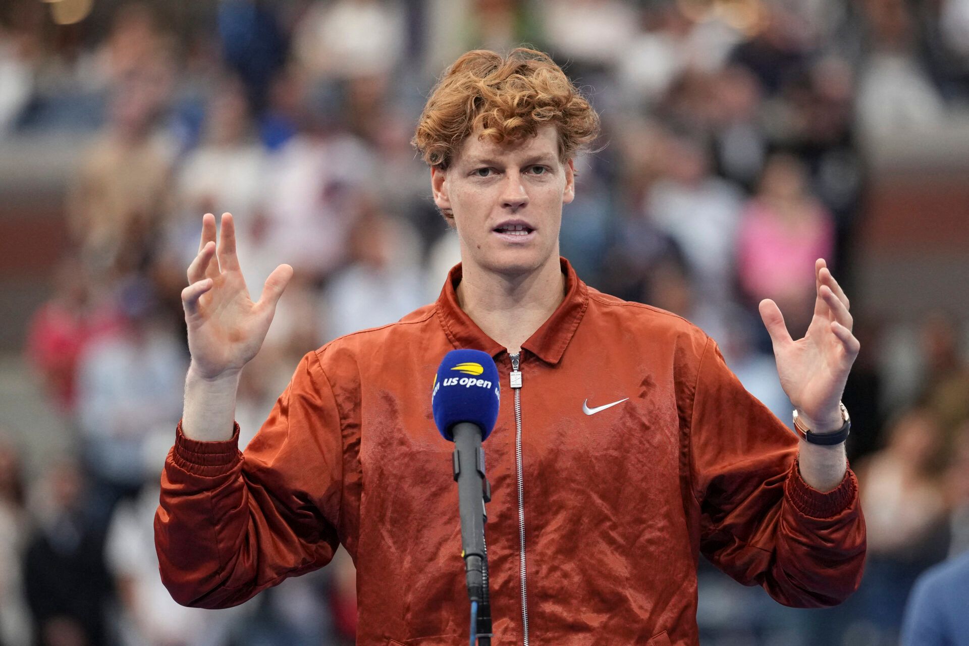 Jannik Sinner (ITA) speaks after losing to Carlos Alcaraz (ESP) (not pictured) in the final of mens singles at Billie Jean King National Tennis Center.