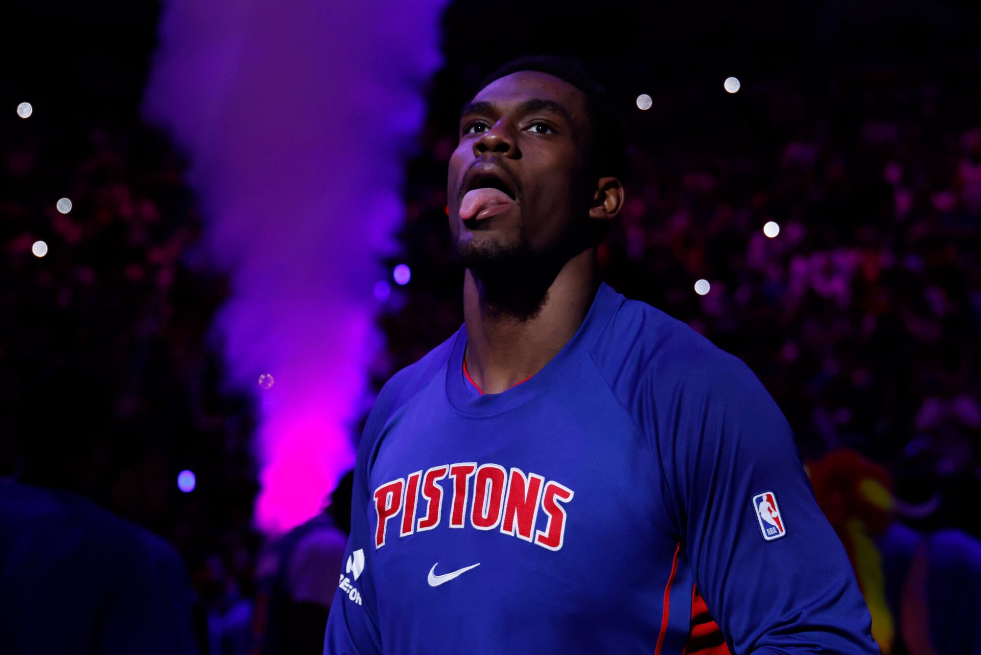 Detroit Pistons center Jalen Duren (0) reacts before game seven of the second round of the 2026 NBA Playoffs against the Cleveland Cavaliers at Little Caesars Arena.