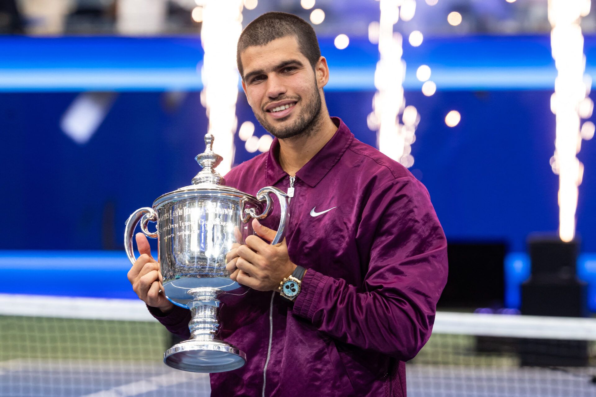 Carlos Alcaraz of Spain with the US Open trophy after winning the final of men’s singles at Billie Jean King National Tennis Center.