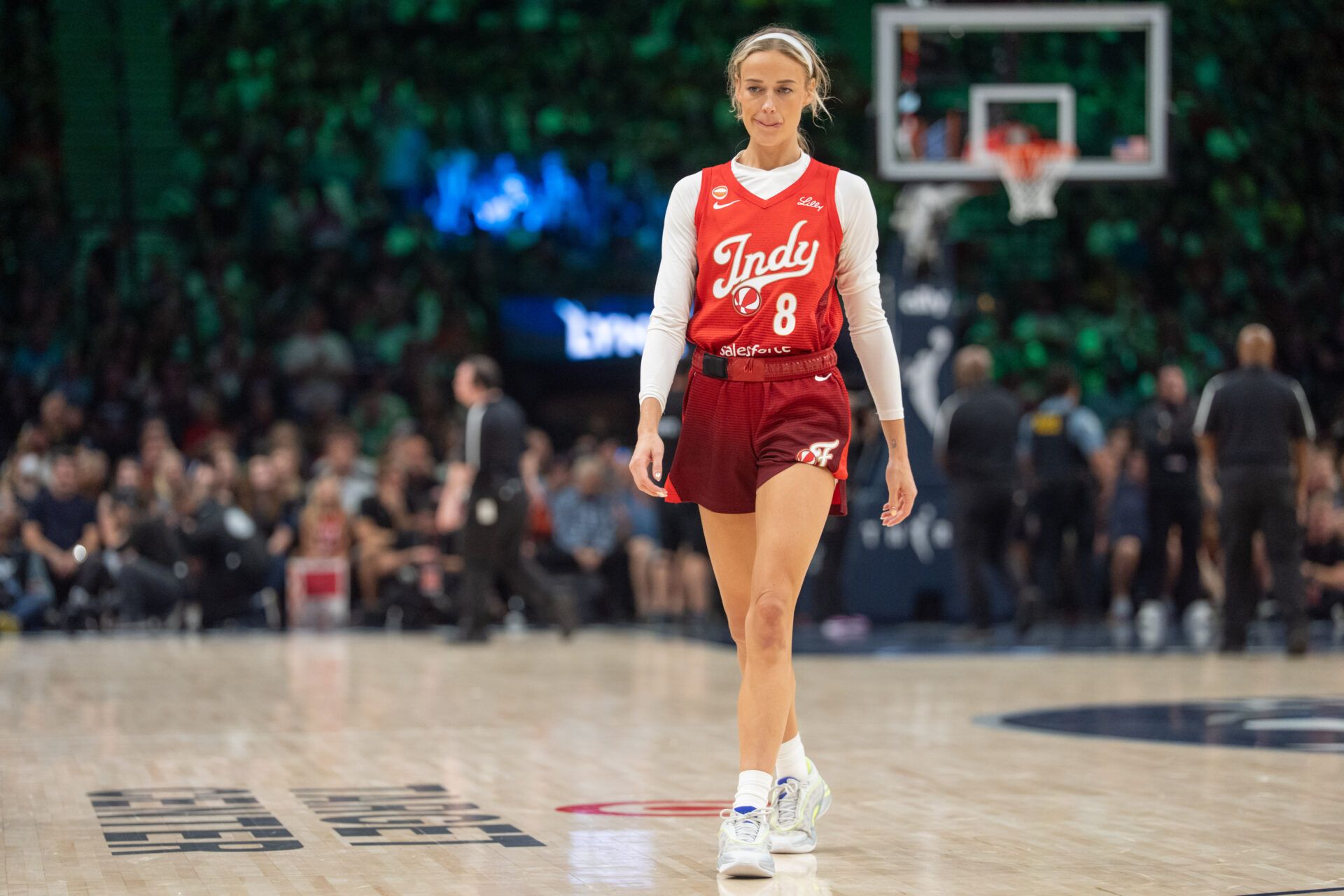 Indiana Fever guard Sophie Cunningham (8) reacts to play during a stop in the action against the Minnesota Lynx in the fourth quarter at Target Center.