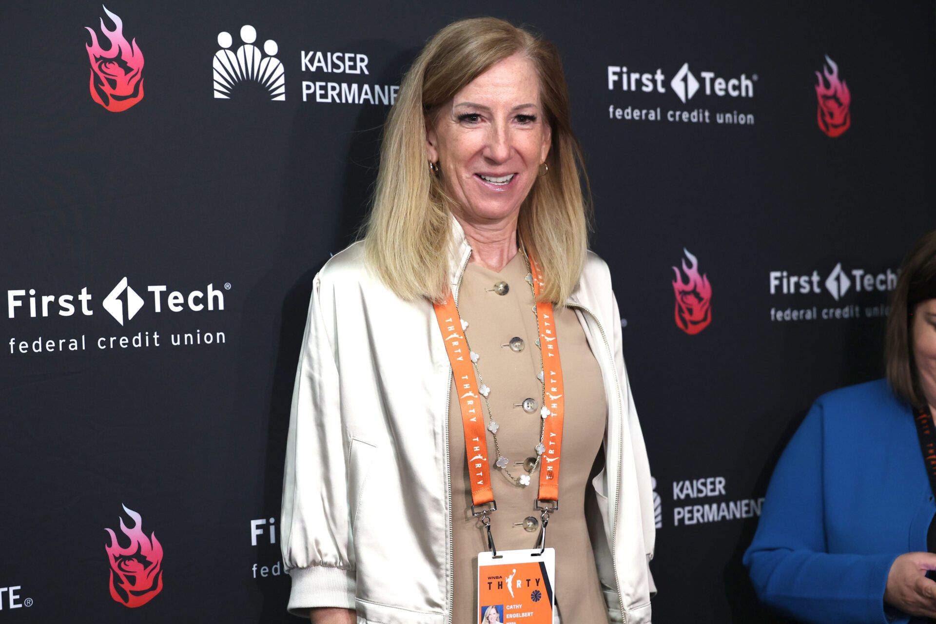 WNBA Commissioner Cathy Engelbert meets with the working media before Portland Fire against the Las Vegas Aces at Moda Center.