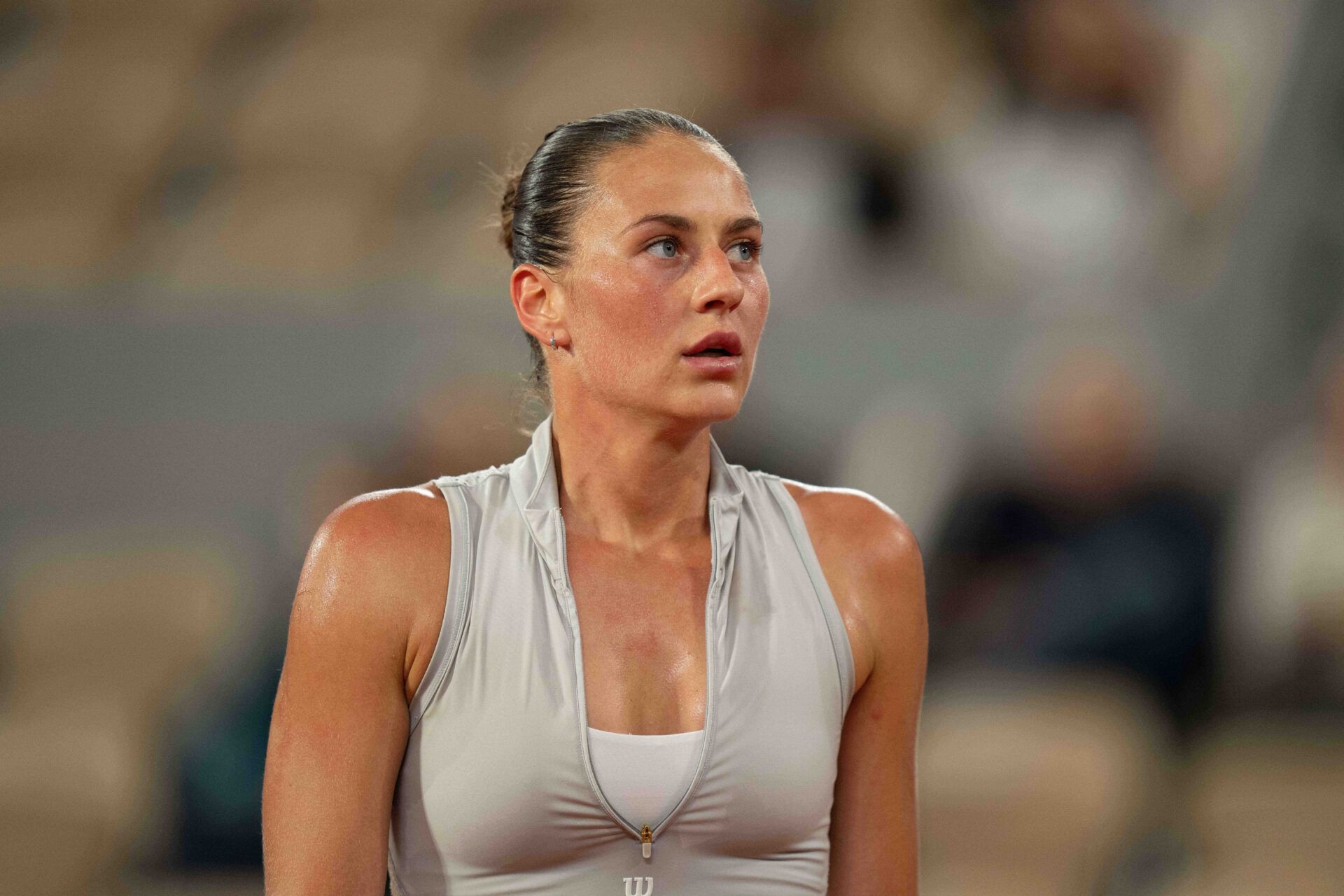 Marta Kostyuk of Ukraine  during her match against Elina Svitolina of Ukraine on day 10 at Stade Roland Garros.