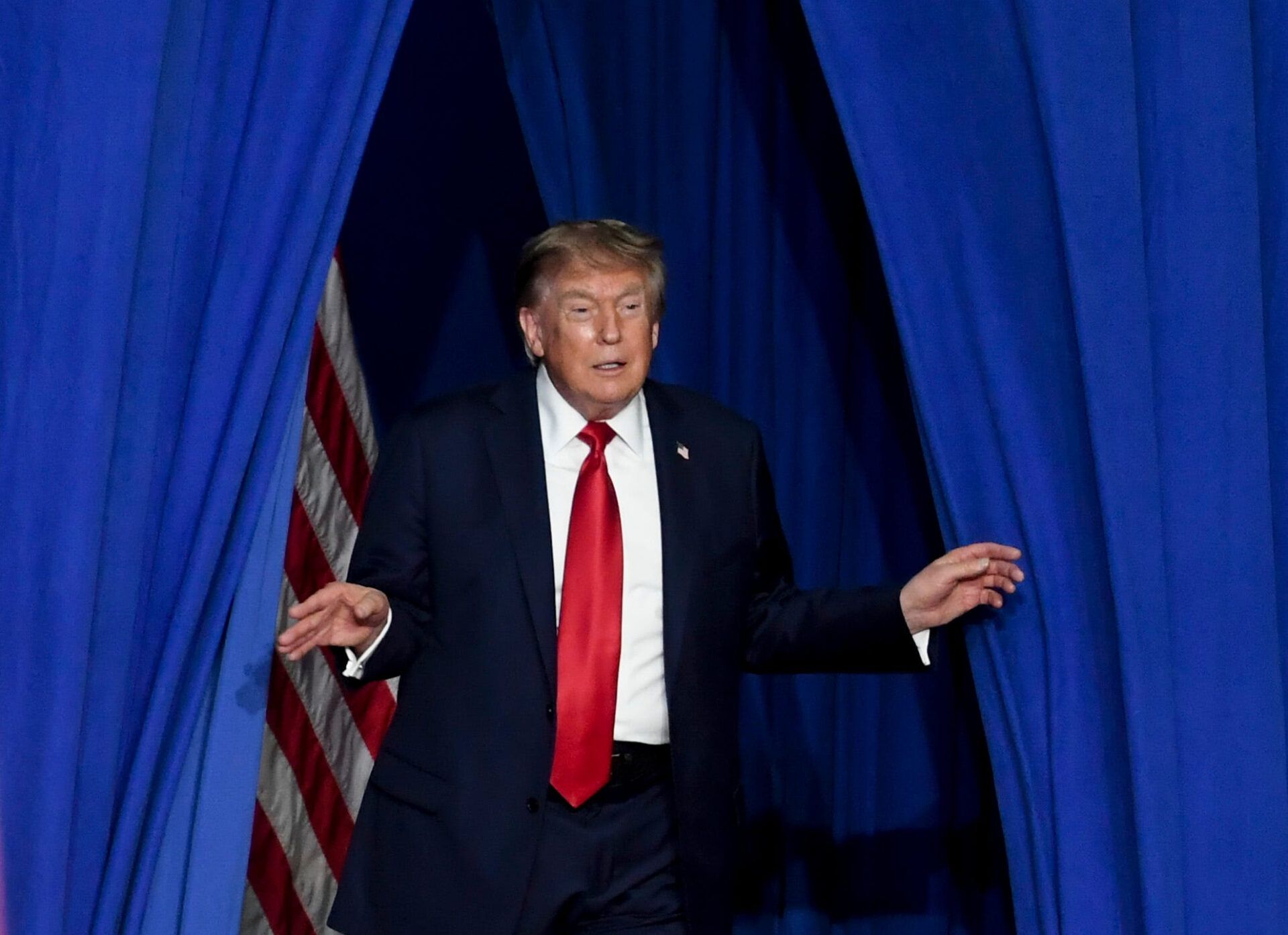 President Donald Trump takes to the stage during the campaign event for U.S. Sen. Darline Graham on Friday, Aug. 21, 2026 at the Myrtle Beach Convention Center in Myrtle Beach, South Carolina.