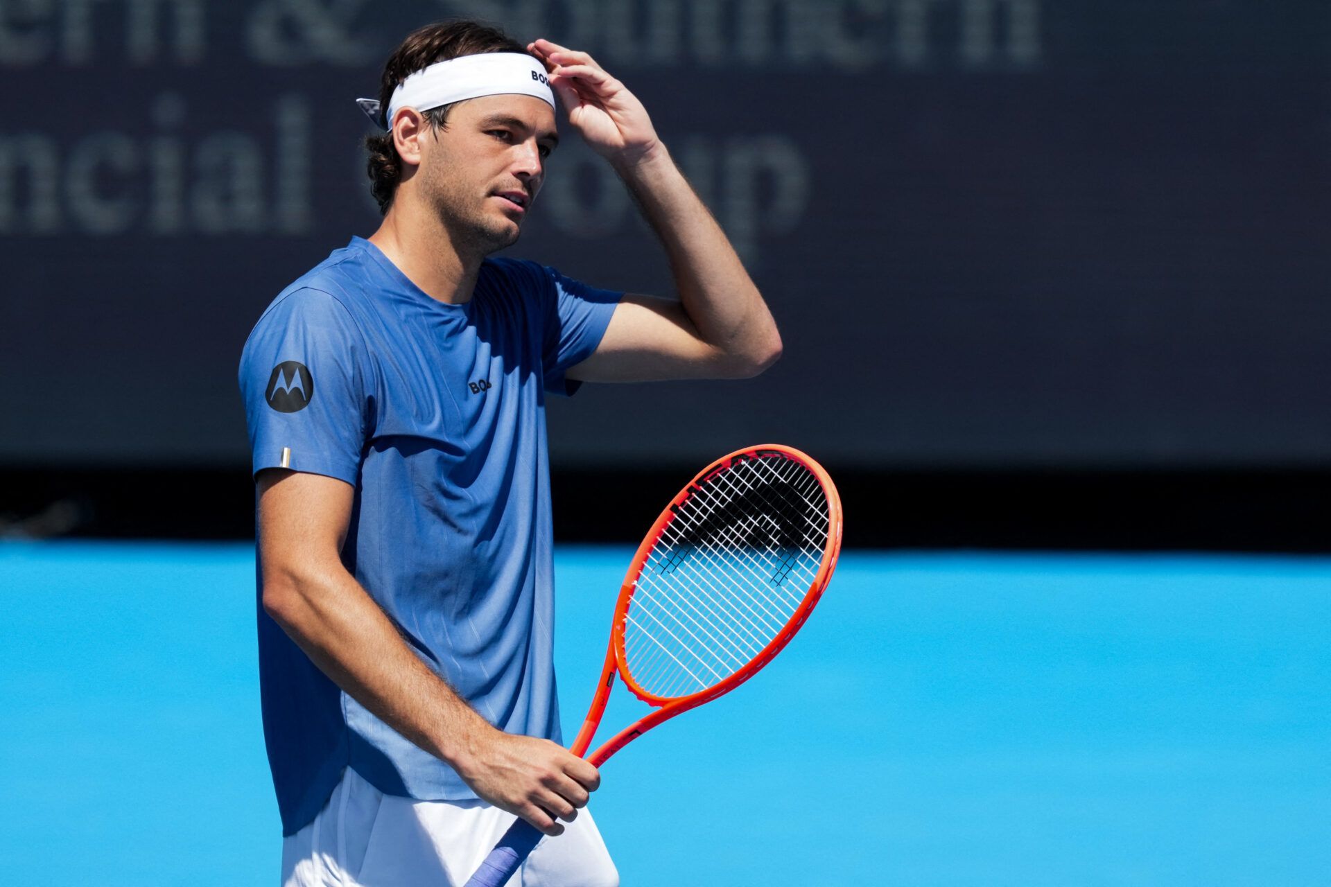 Taylor Fritz (USA) reacts after he is not able to return a shot against  Daniel Merida (ESP) during the Cincinnati Open at Lindner Family Tennis Center.