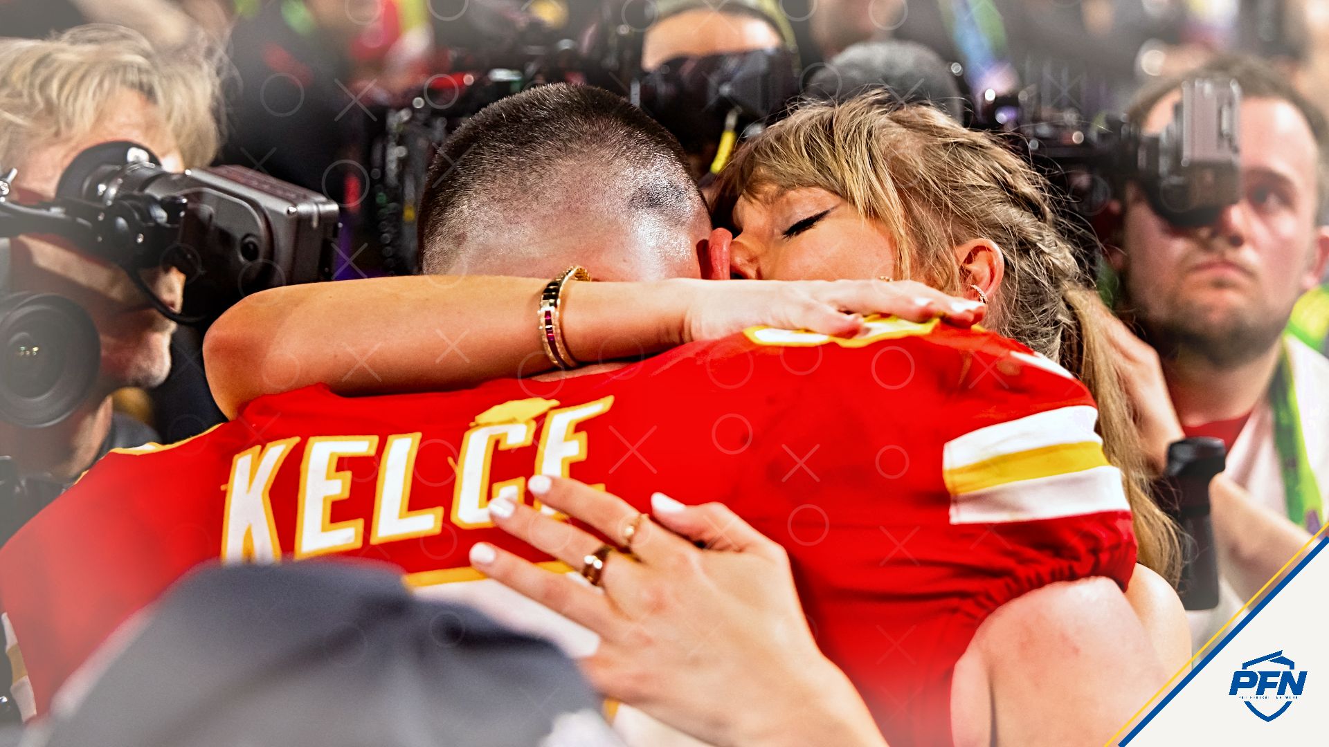 Kansas City Chiefs tight end Travis Kelce (87) celebrates with girlfriend Taylor Swift after defeating the San Francisco 49ers in Super Bowl LVIII at Allegiant Stadium.