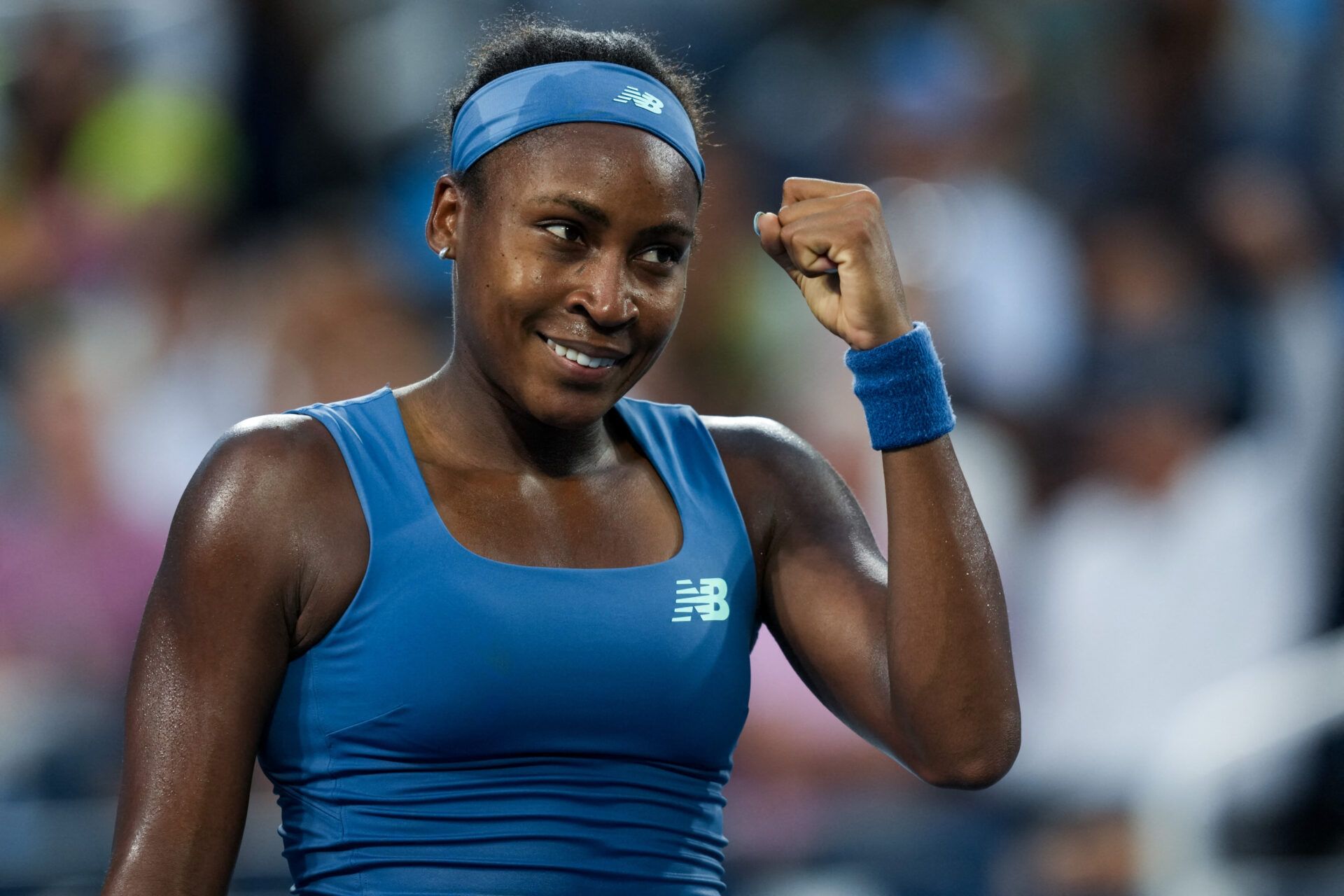 Coco Gauff (USA) reacts to defeating Marie Bouzkova (CZE) during the Cincinnati Open at Lindner Family Tennis Center.