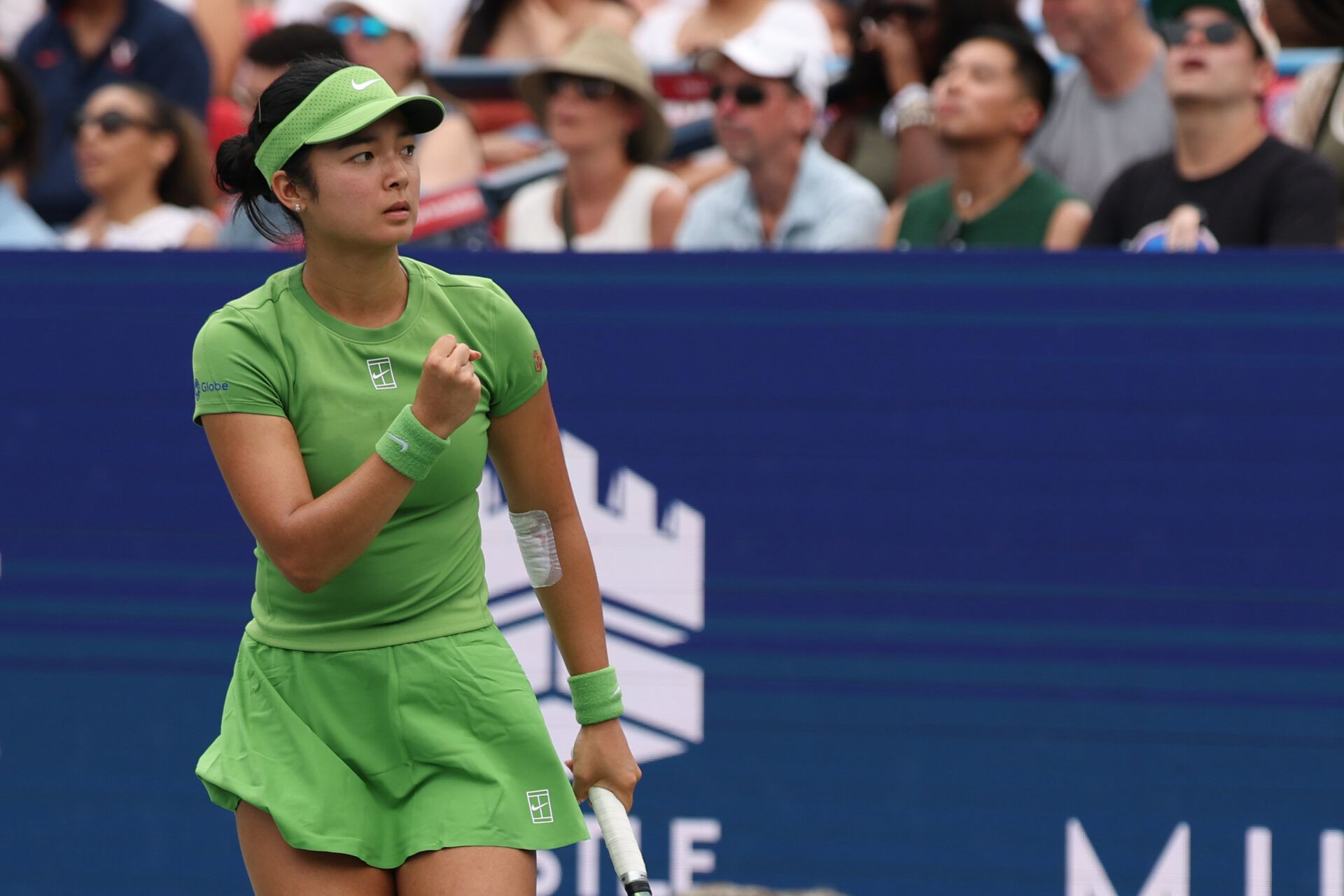 Alexandra Eala (PHI) reacts after winning a game against Naomi Osaka (JPN) (not pictured) in a women's singles semifinal on day six of the 2026 Mubadala DC Open at Rock Creek Park Tennis Center.