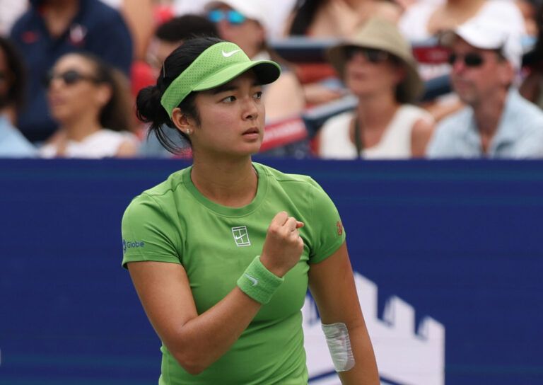 Alexandra Eala (PHI) reacts after winning a game against Naomi Osaka (JPN) (not pictured) in a women's singles semifinal on day six of the 2026 Mubadala DC Open at Rock Creek Park Tennis Center.