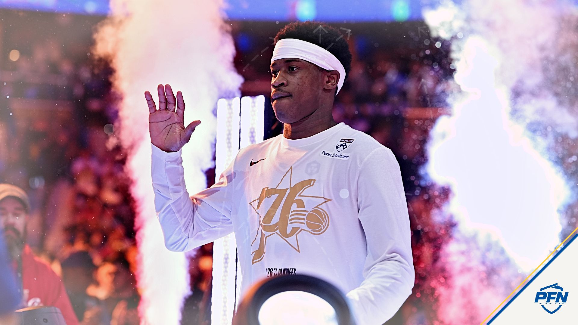 Philadelphia 76ers guard VJ Edgecombe (77) is introduced before game four of the second round of the 2026 NBA Playoffs against the New York Knicks at Xfinity Mobile Arena.
