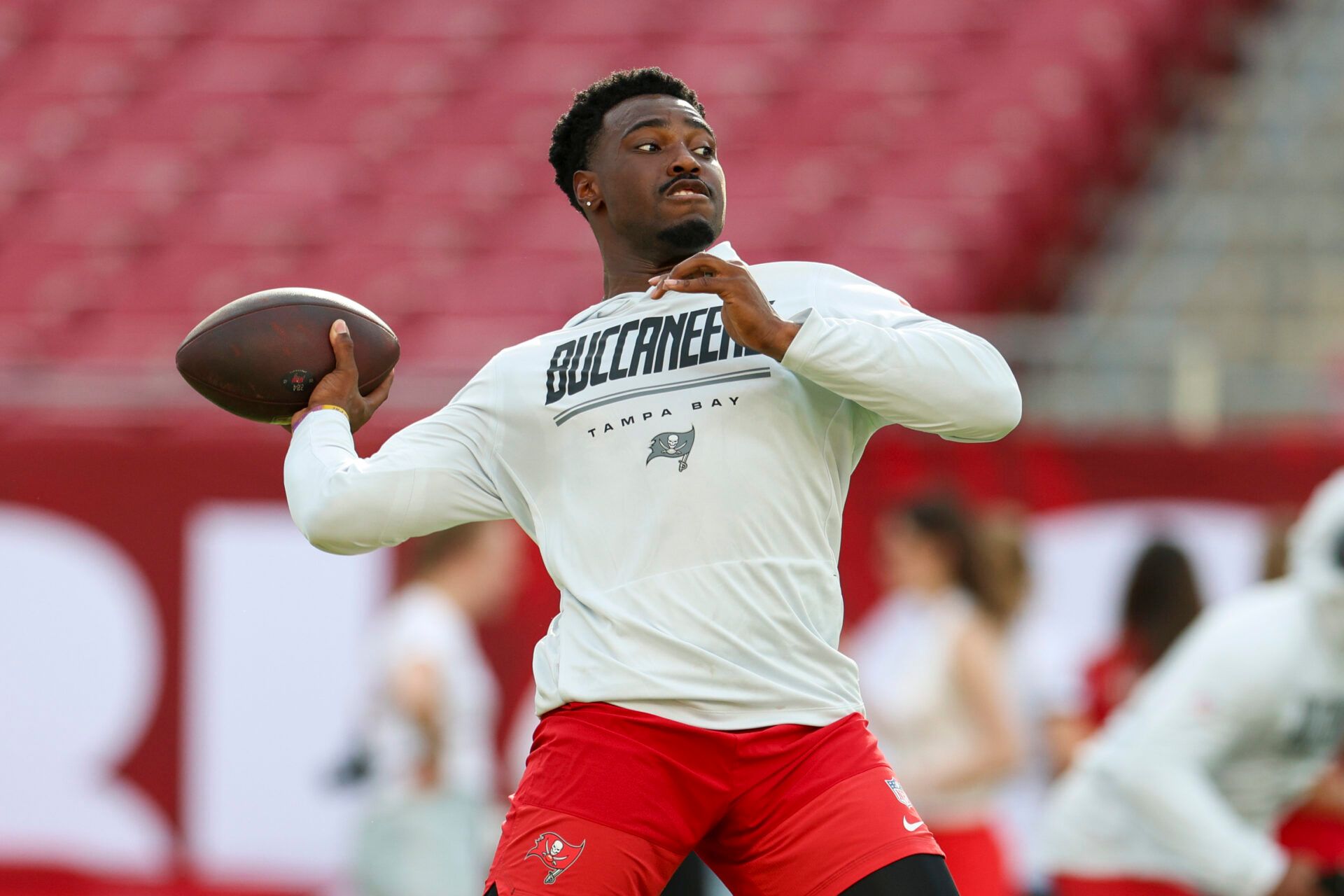 Tampa Bay Buccaneers quarterback Jalon Daniels (10) warms up before a preseason game against the Kansas City Chiefs at Raymond James Stadium.